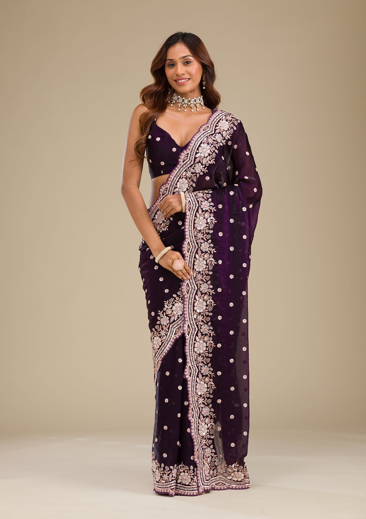 Koskii Purple Sequins Semi Crepe Saree – Women's