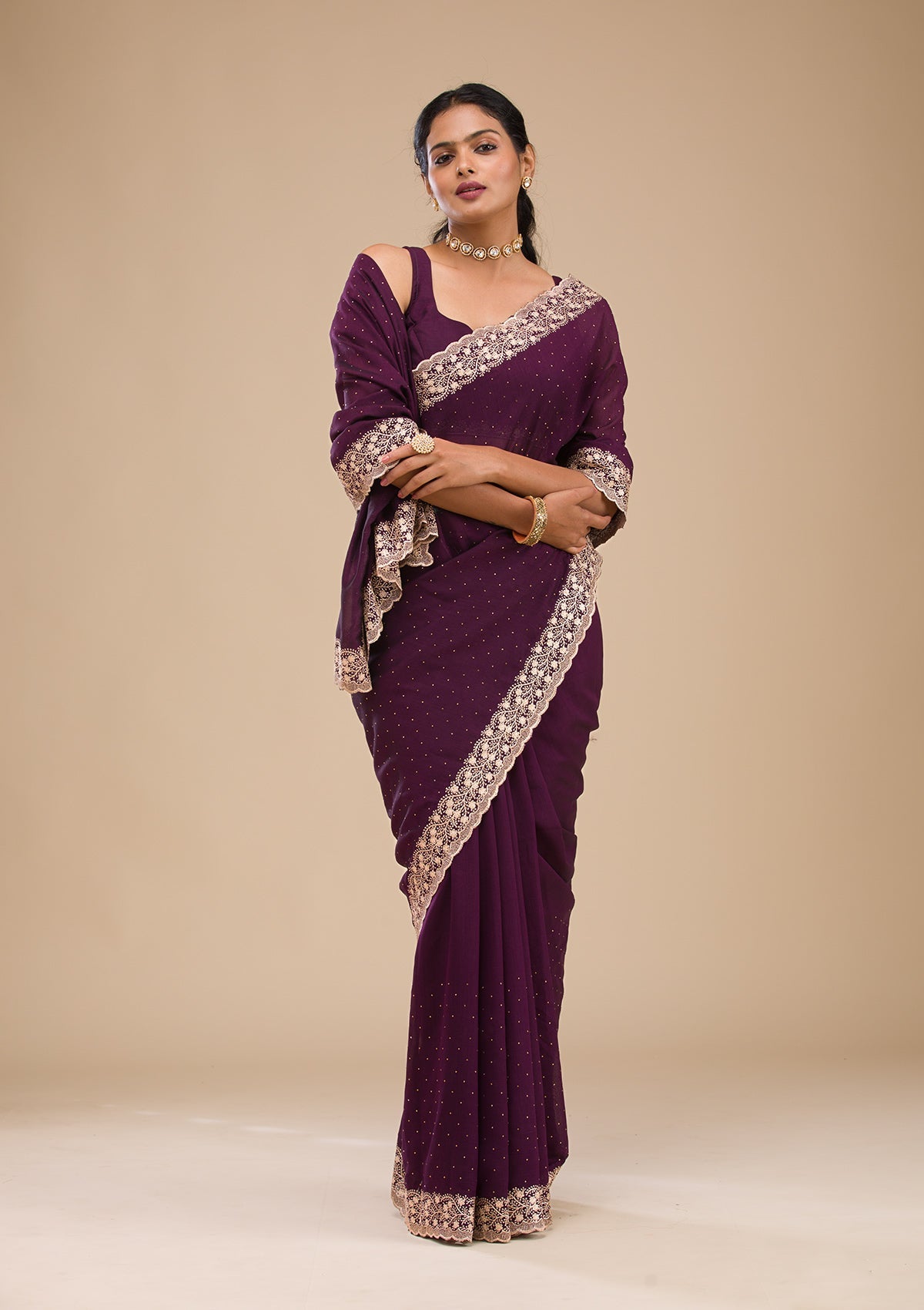 Koskii Purple Zariwork Soft Silk Saree – Women's