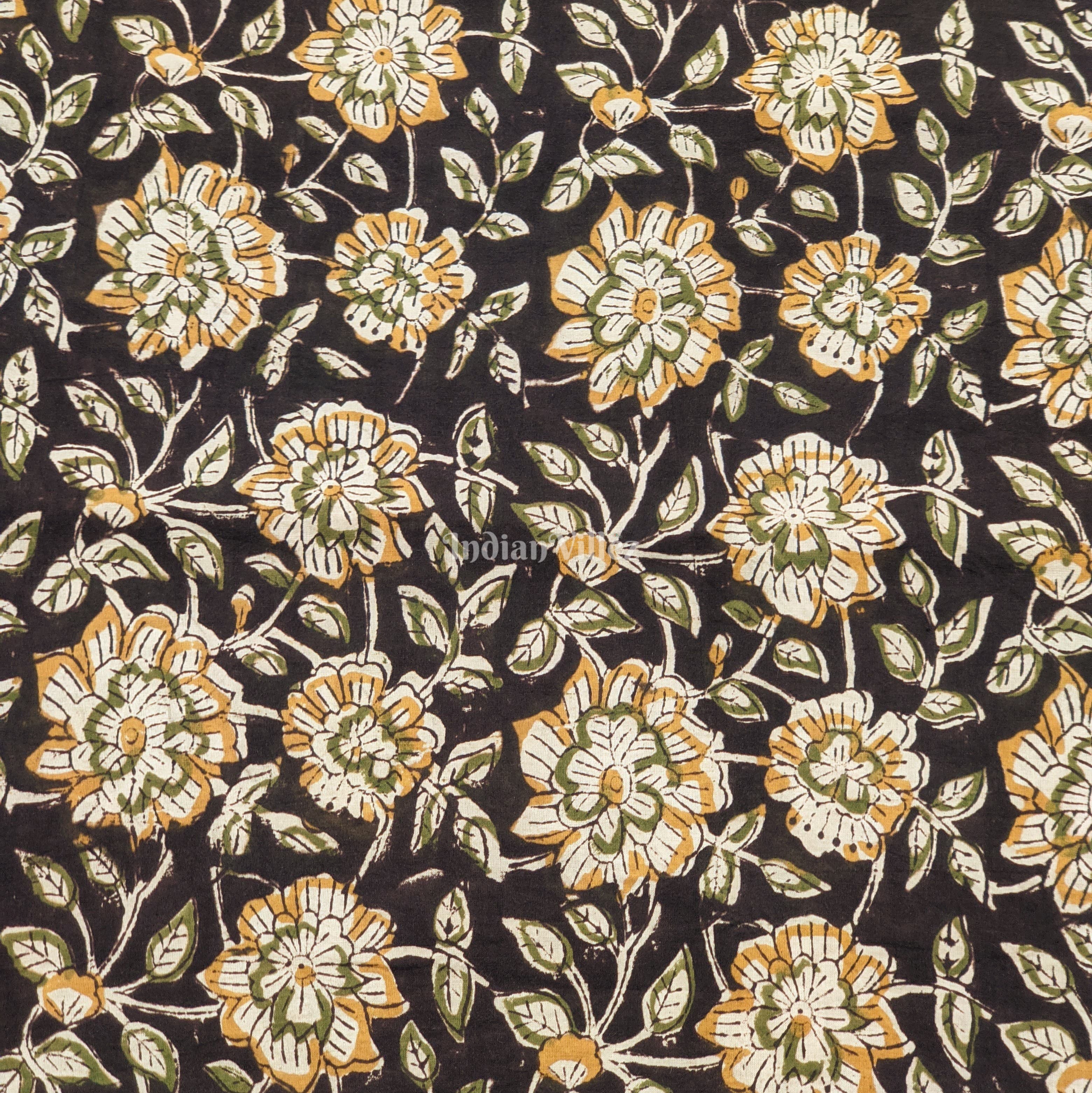 IndianVillèz Dark Brown Floral Hand Block Printed Cotton Fabric - view 2