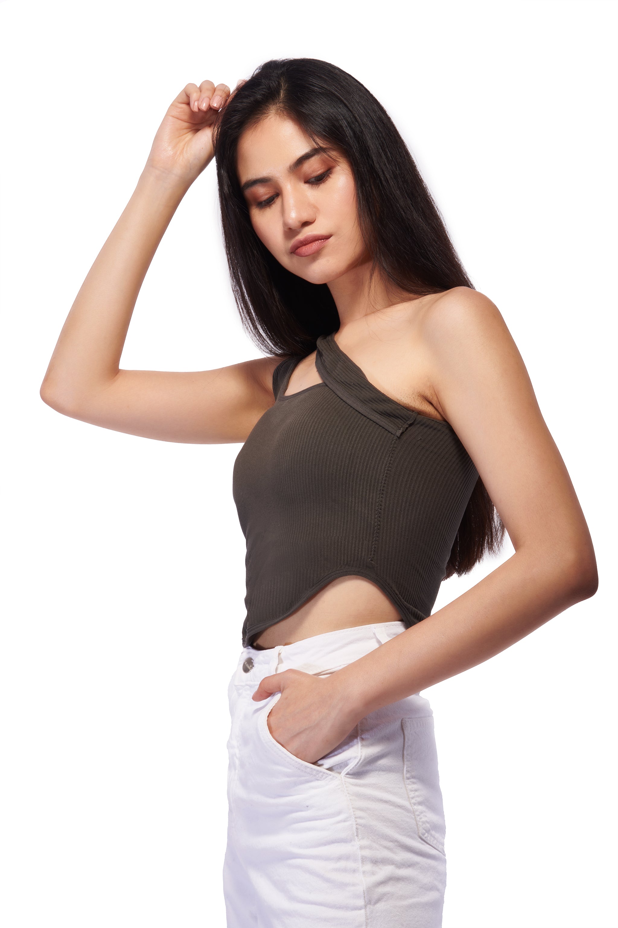 Baddie Olive One-shoulder Knit Top