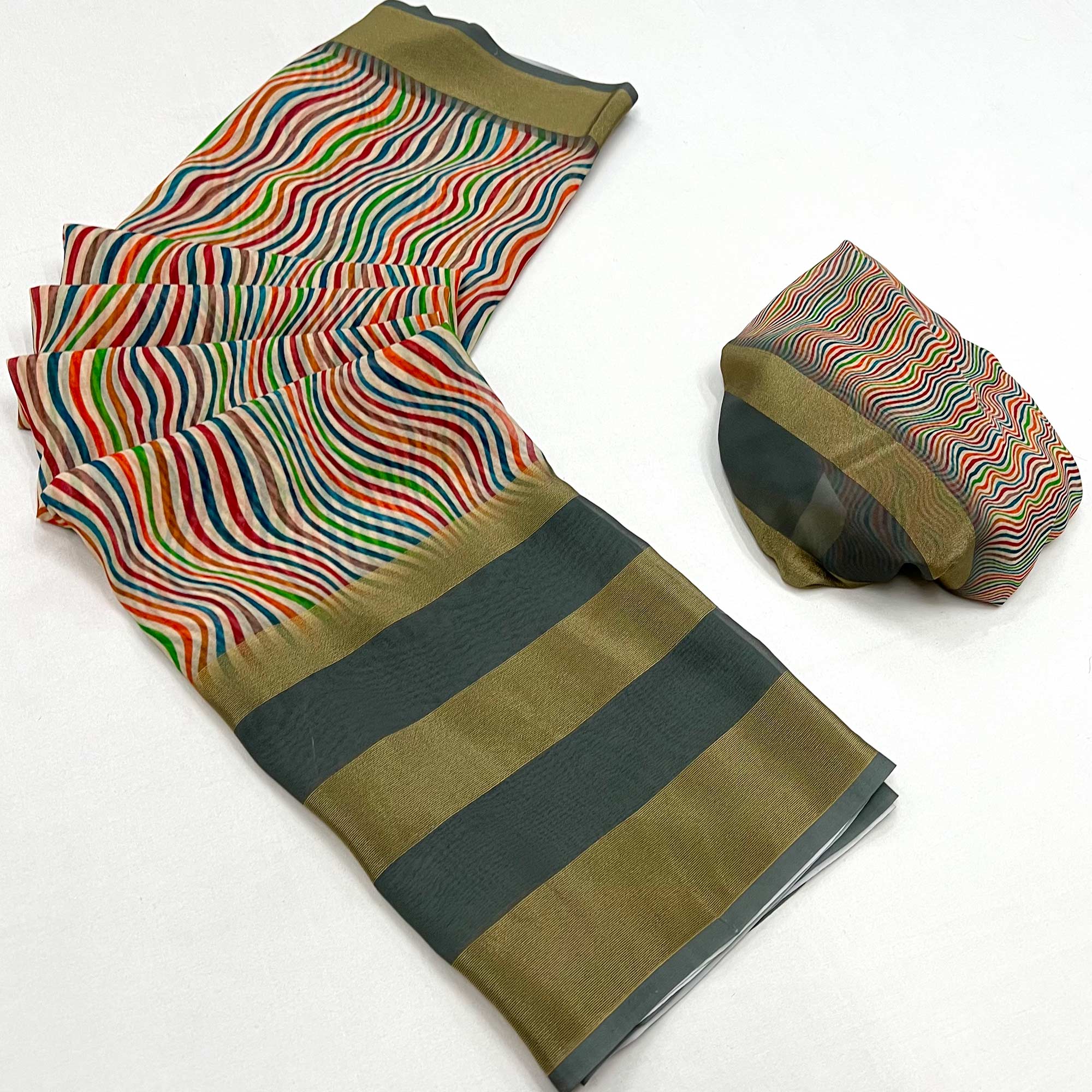 Peachmode Grey Striped Digital Printed Georgette Saree - view 3