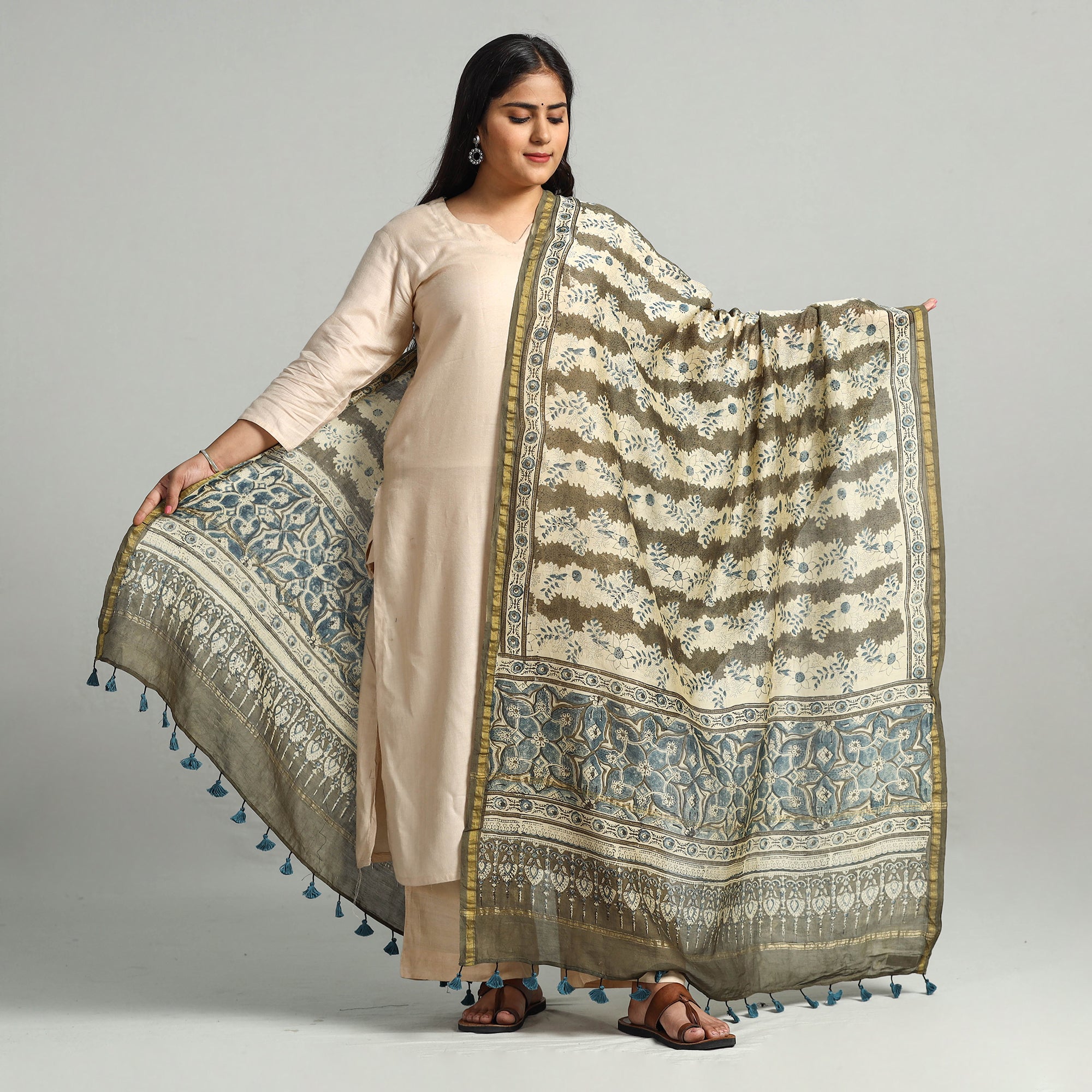 AJRAKH BY SUFIYAN ISMAIL KHATRI Beige - Block Printed Chanderi Silk Handloom Ajrakh Dupatta 07