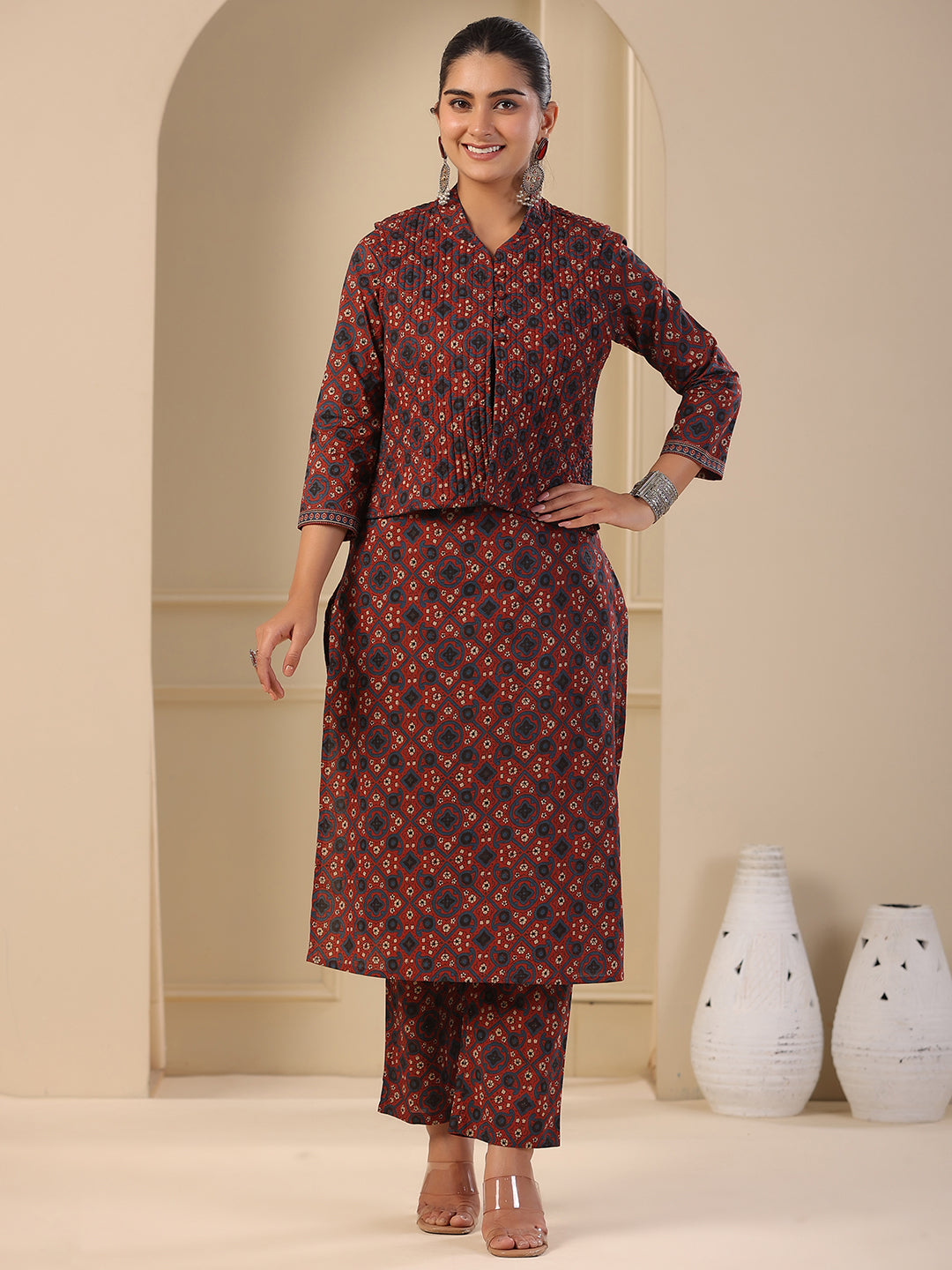 Fashor Ajrakh Block Printed Sequins Embroidered Kurta with Quilted Reversible Waist Coat & Pants - Maroon - view 3