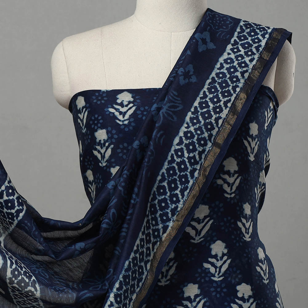 ARTISAN HAND BLOCK PRINTS Blue - 3pc Chanderi Silk Indigo Bagru Print Dress Material 08 - view 3