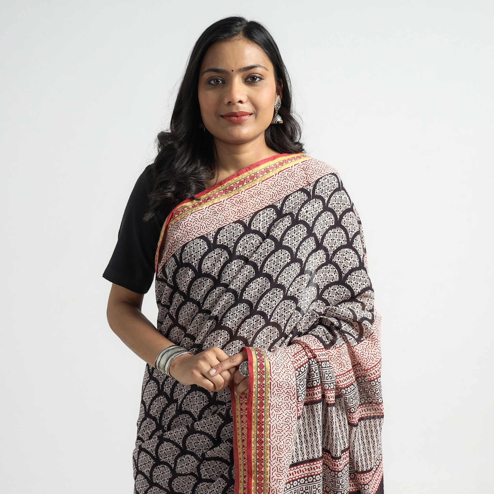 BAGH PRINTS BY MOHAMMED BILAL KHATRI Black - Bagh Hand Block Printed Natural Dyed Cotton Saree with Zari Border - view 4