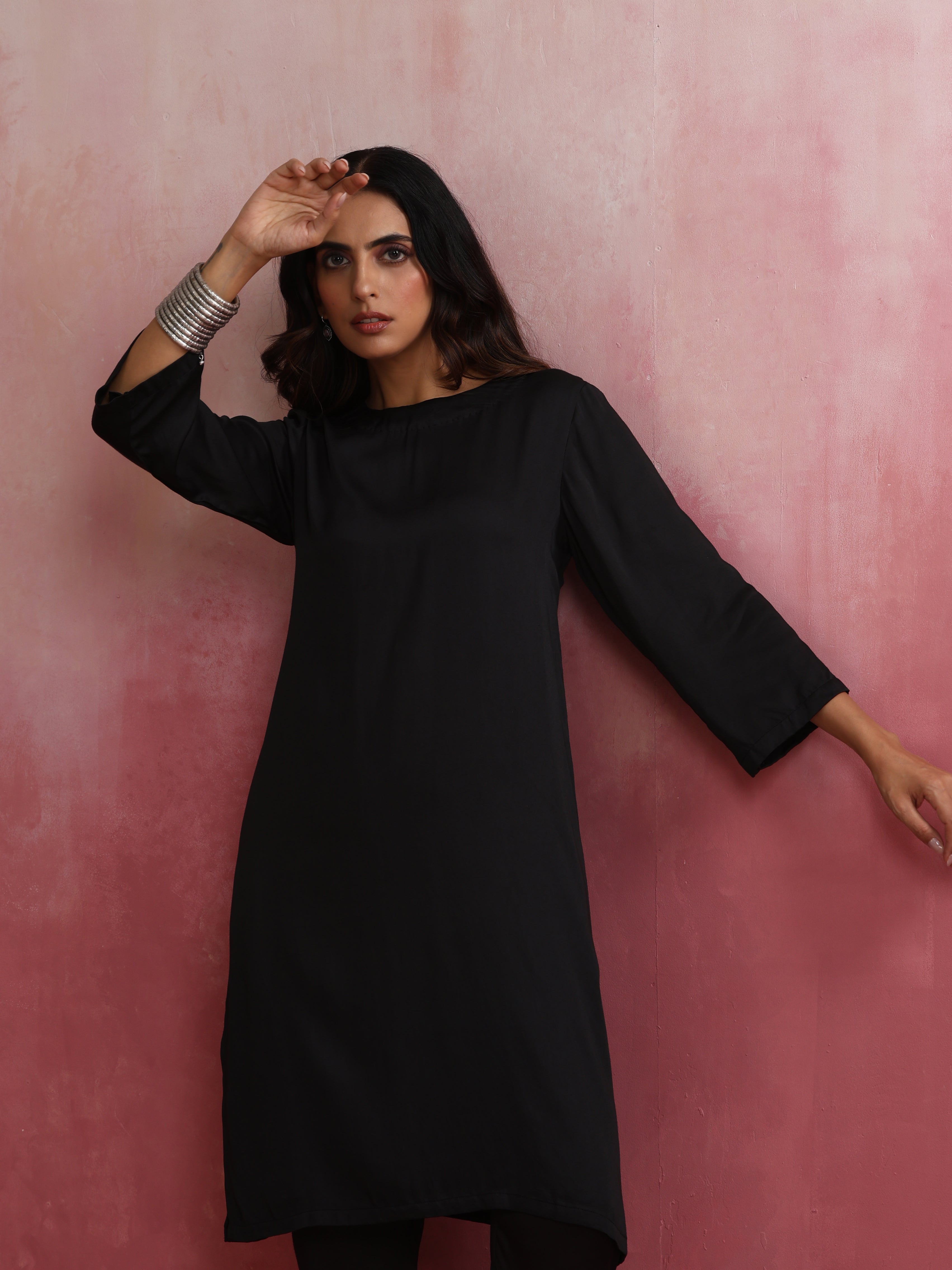 trueBrowns Black Modal Round Neck Kurta Co-ord Set - view 3