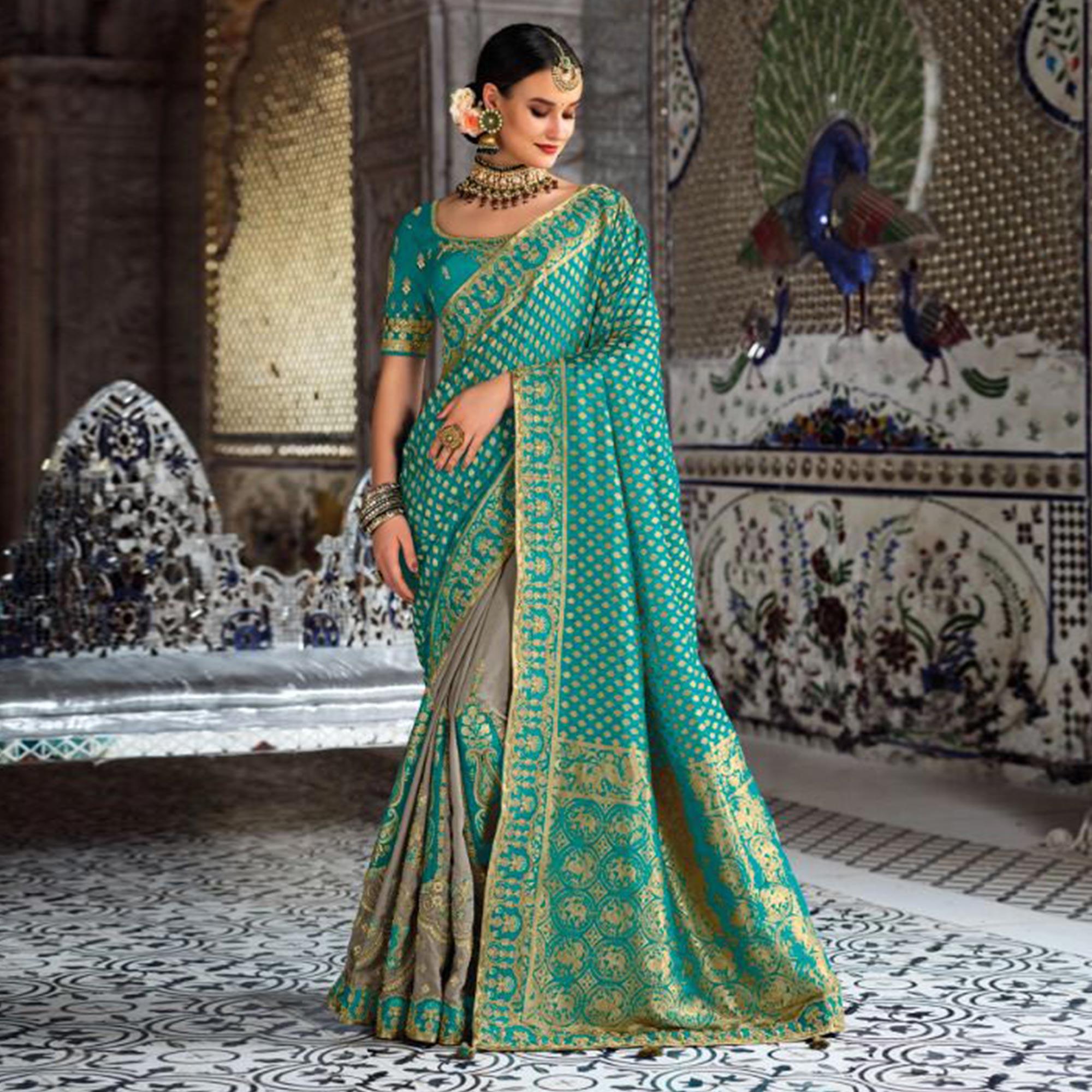 Peachmode Grey-Turquoise Festive Wear Woven Banarasi Silk Half & Half Saree