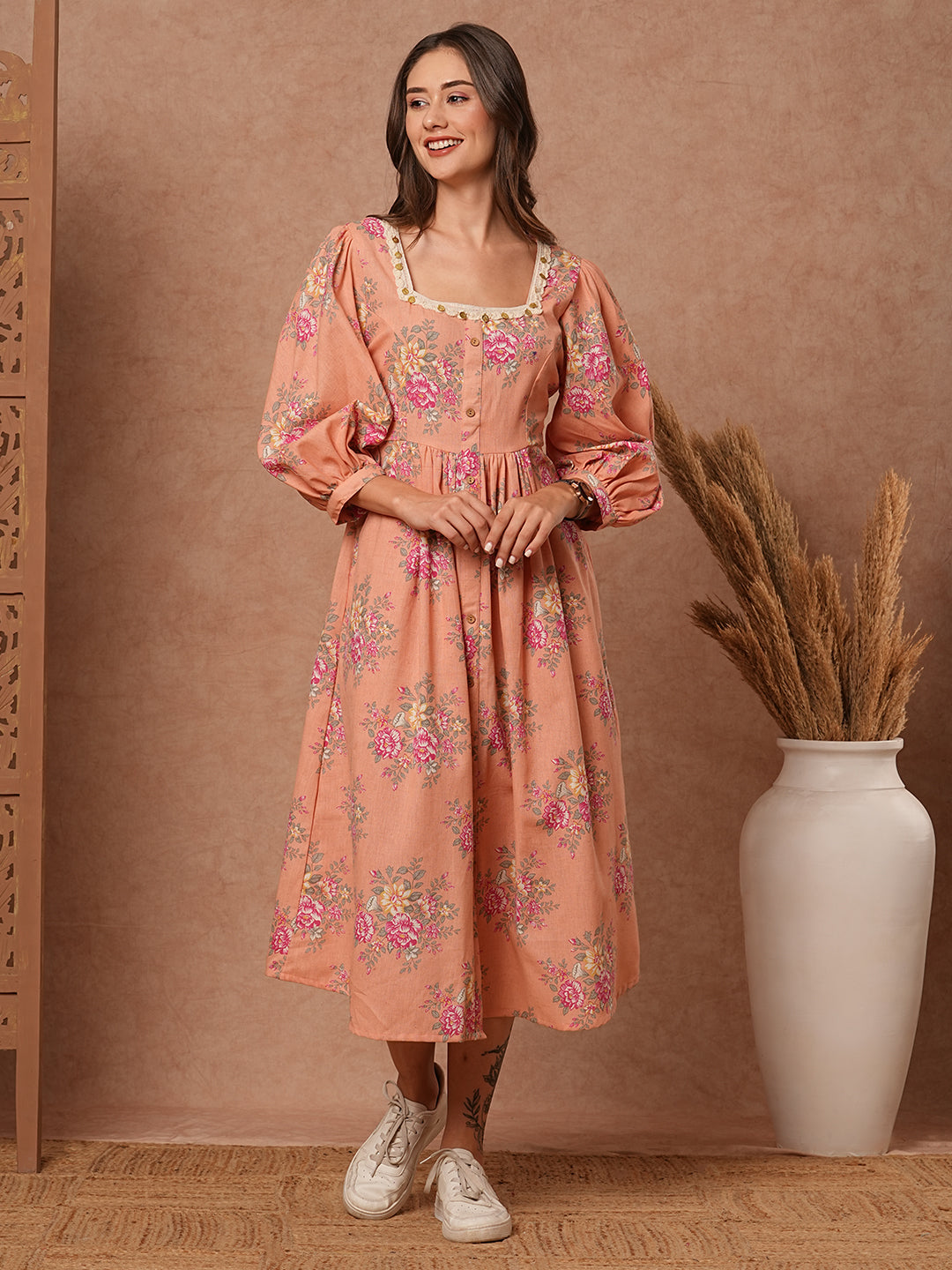Fashor Floral Foil Printed A-Line Pleated Midi Dress - Peach - view 3
