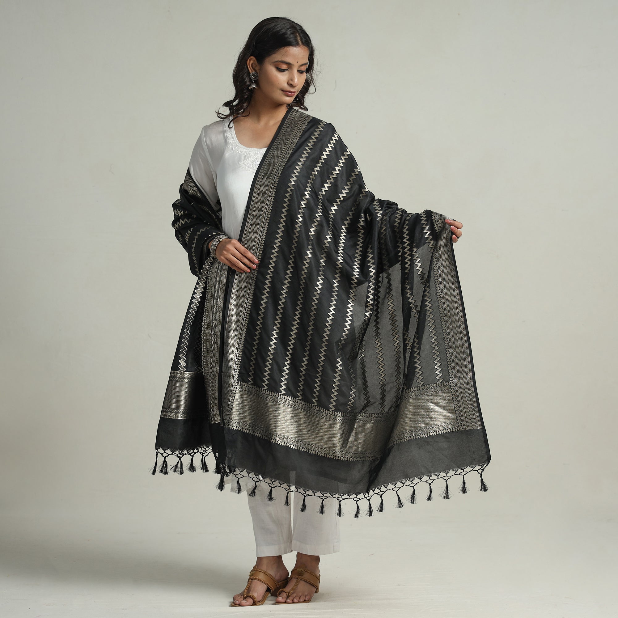 BANARASI BY MAQBUL HASAN Black - Semi Silk Zari Jaal Banarasi Dupatta 93