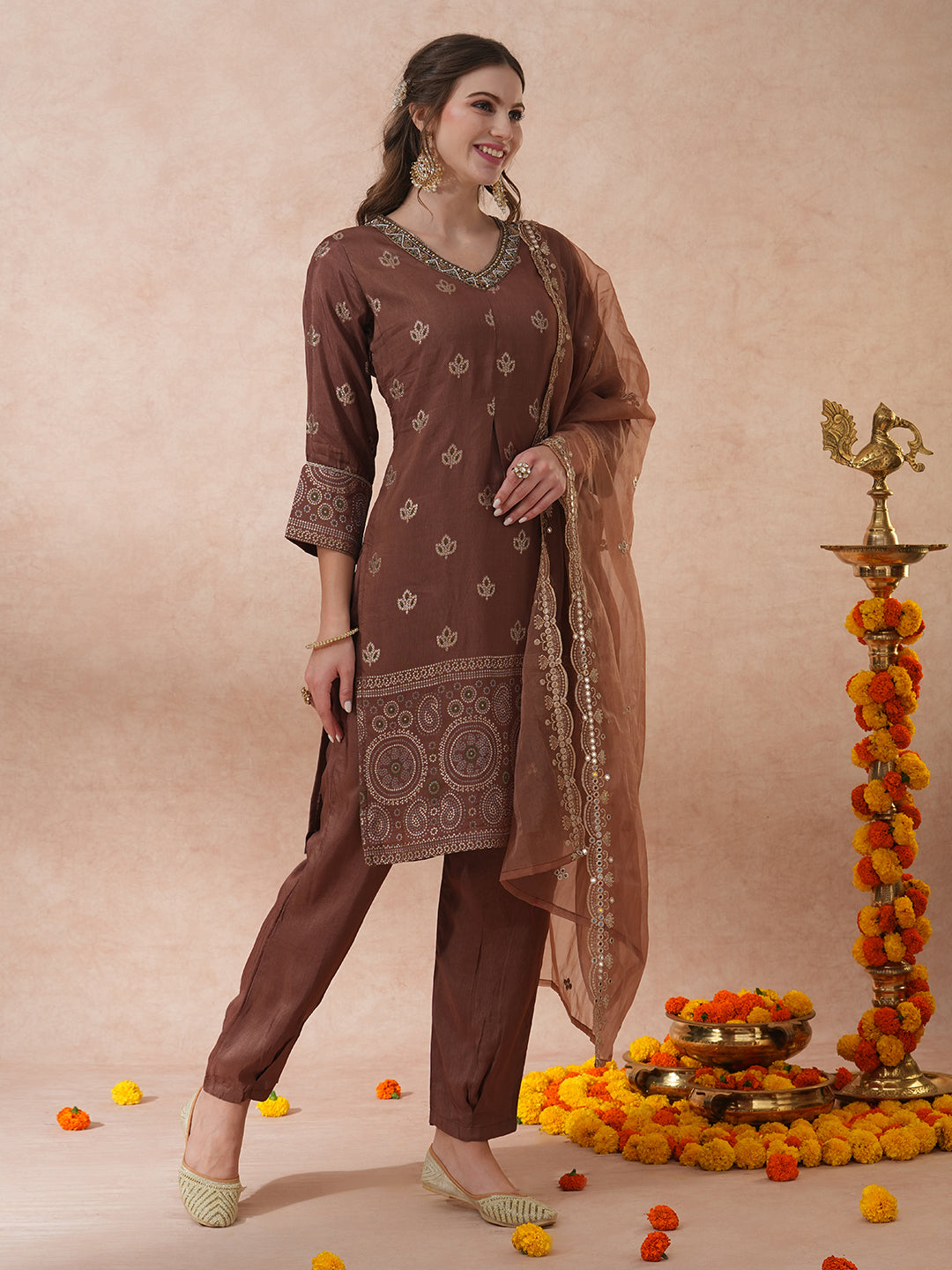 FASHOR Ethnic Hand Embroidered Jacquard Straight Kurta with Pant & Dupatta - Brown - view 3