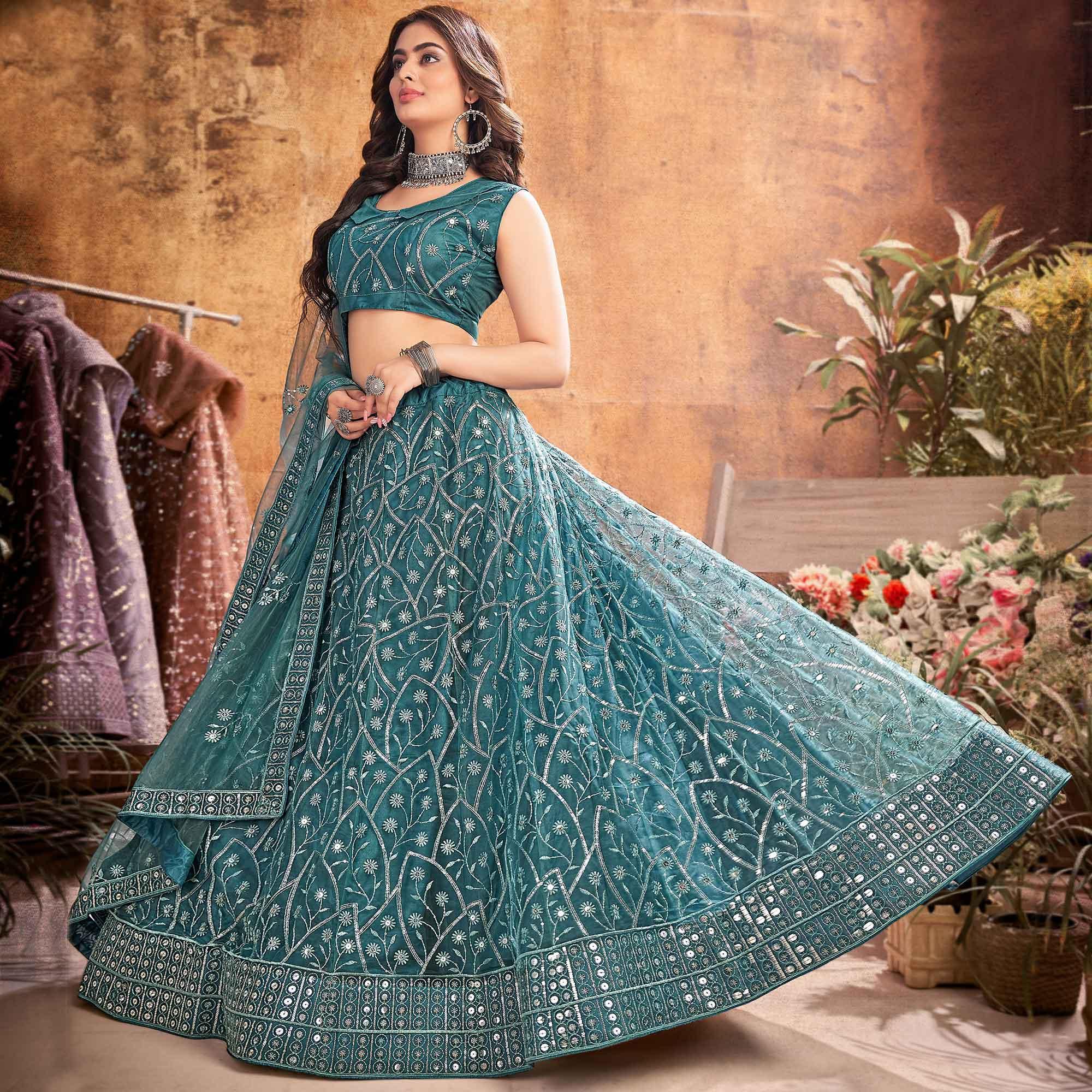 Peachmode Dark Rama Green Partywear Thread Sequins Soft Net Lehenga Choli