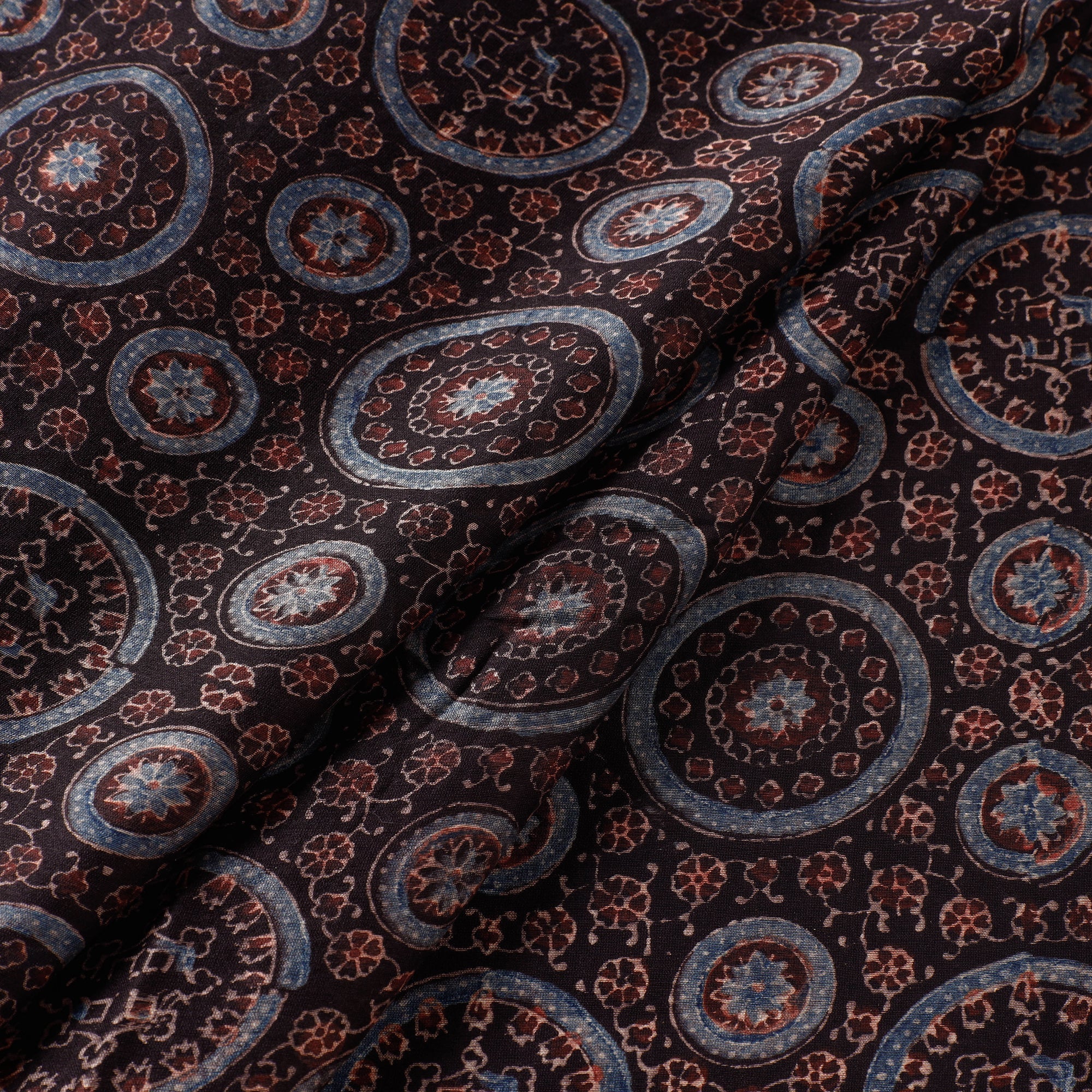 AJRAKH BY JABBAR KHATRI Black - Circular Patterns Floral Ajrakh Block Printed Handloom Chanderi Silk Fabric - view 2