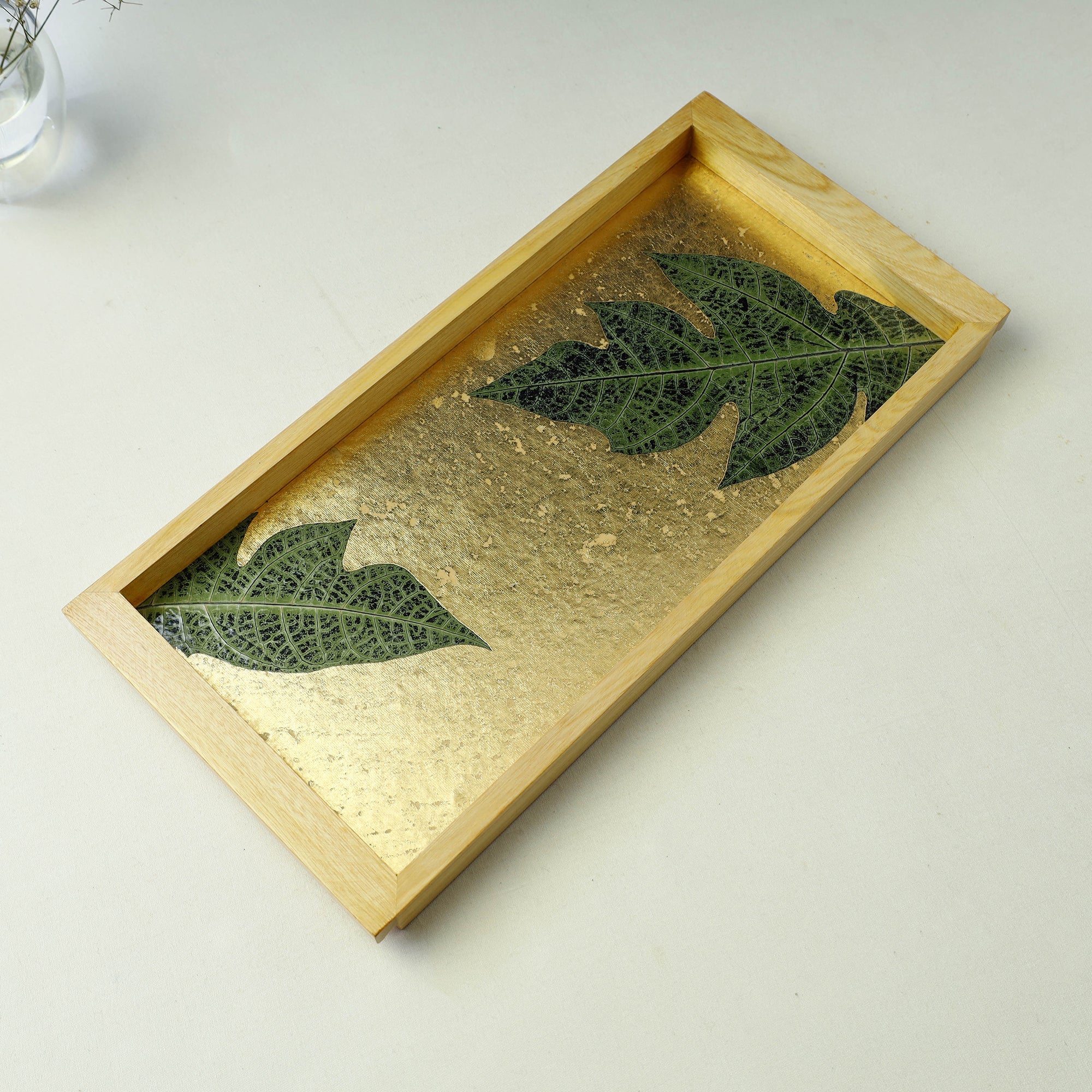 SHRADHANJALI - AN AUROVILLE UNIT Gold - Papaya Leaf Art Work Wooden Tray (16 x 8 x 1 in) - view 2