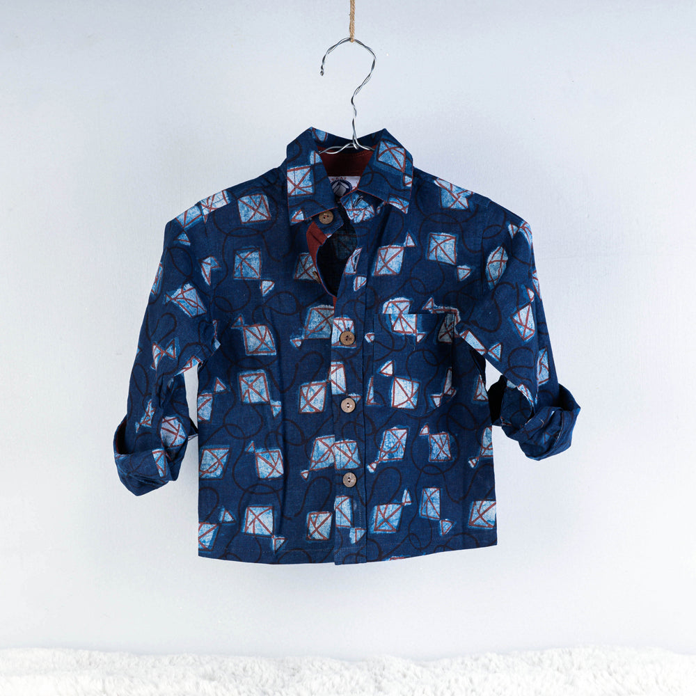 BINDAAS UNLIMITED Blue - Block Art Printed Natural Dyed Cotton Kids Full Sleeve Shirt