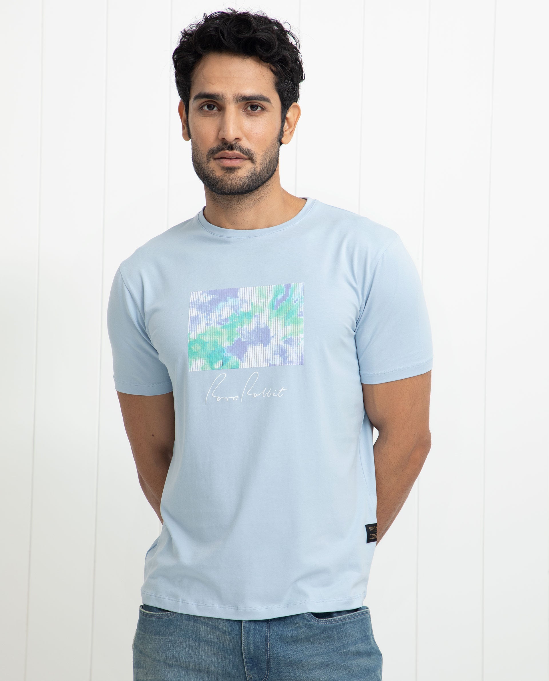 Rare Rabbit Men's Reed Blue Crew Neck Abstract Print With Branding Half Sleeves Slim Fit T-Shirt - view 5