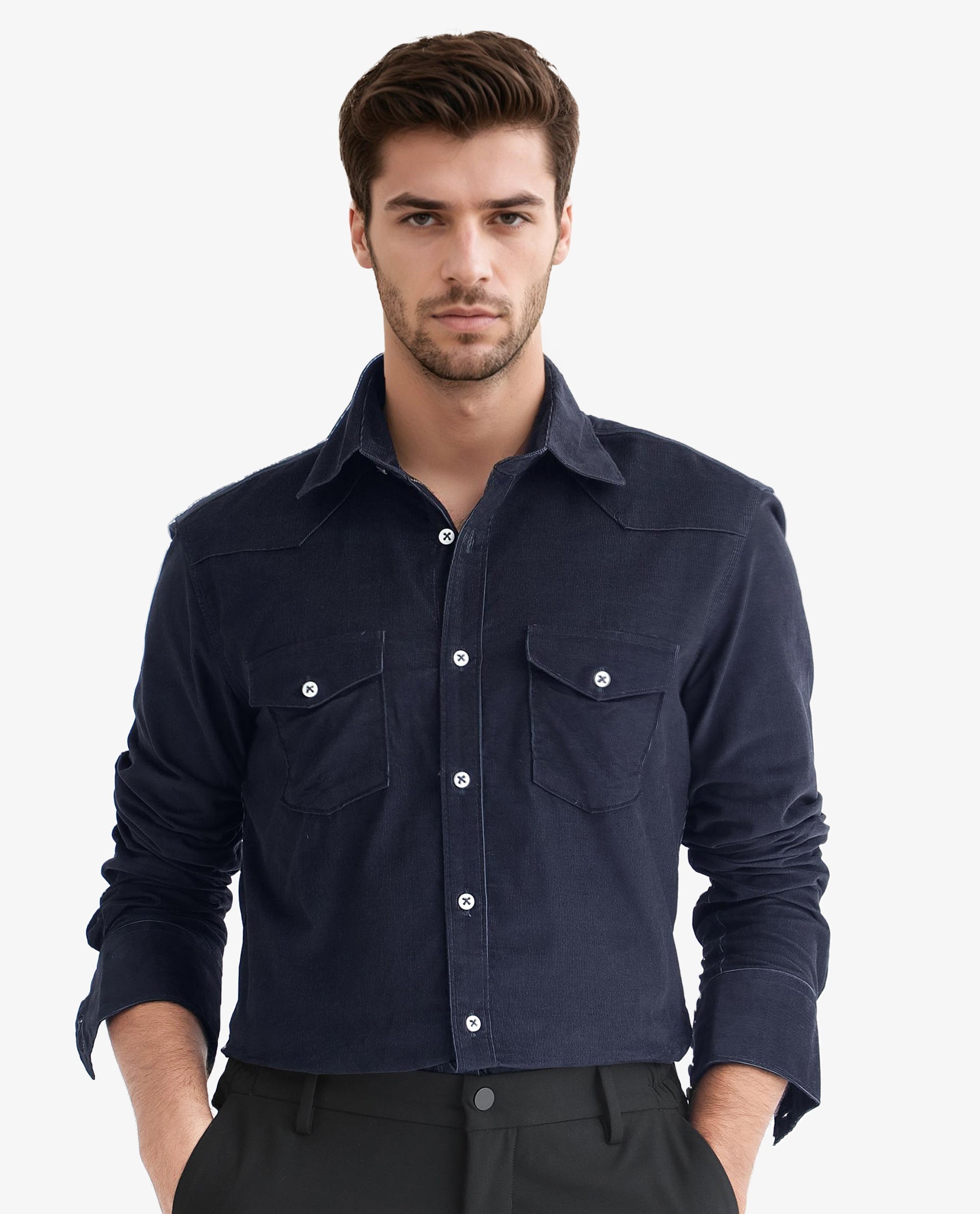 Rare Rabbit Men's Halle Navy Cotton Fabric Full Sleeves Corduroy Shirt