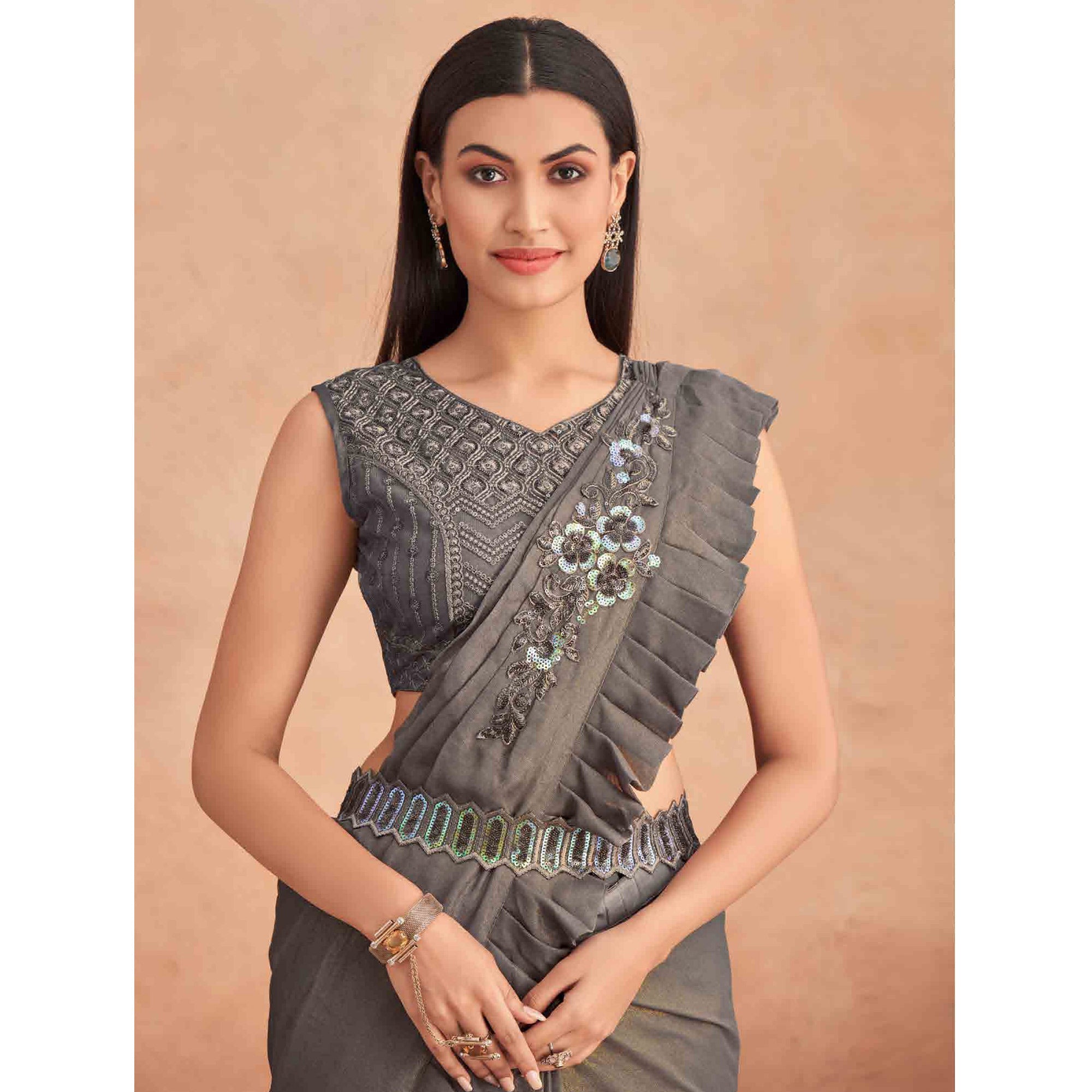 Peachmode Seller Grey Sequins Embroidered Ready to Wear Georgette Saree - view 4