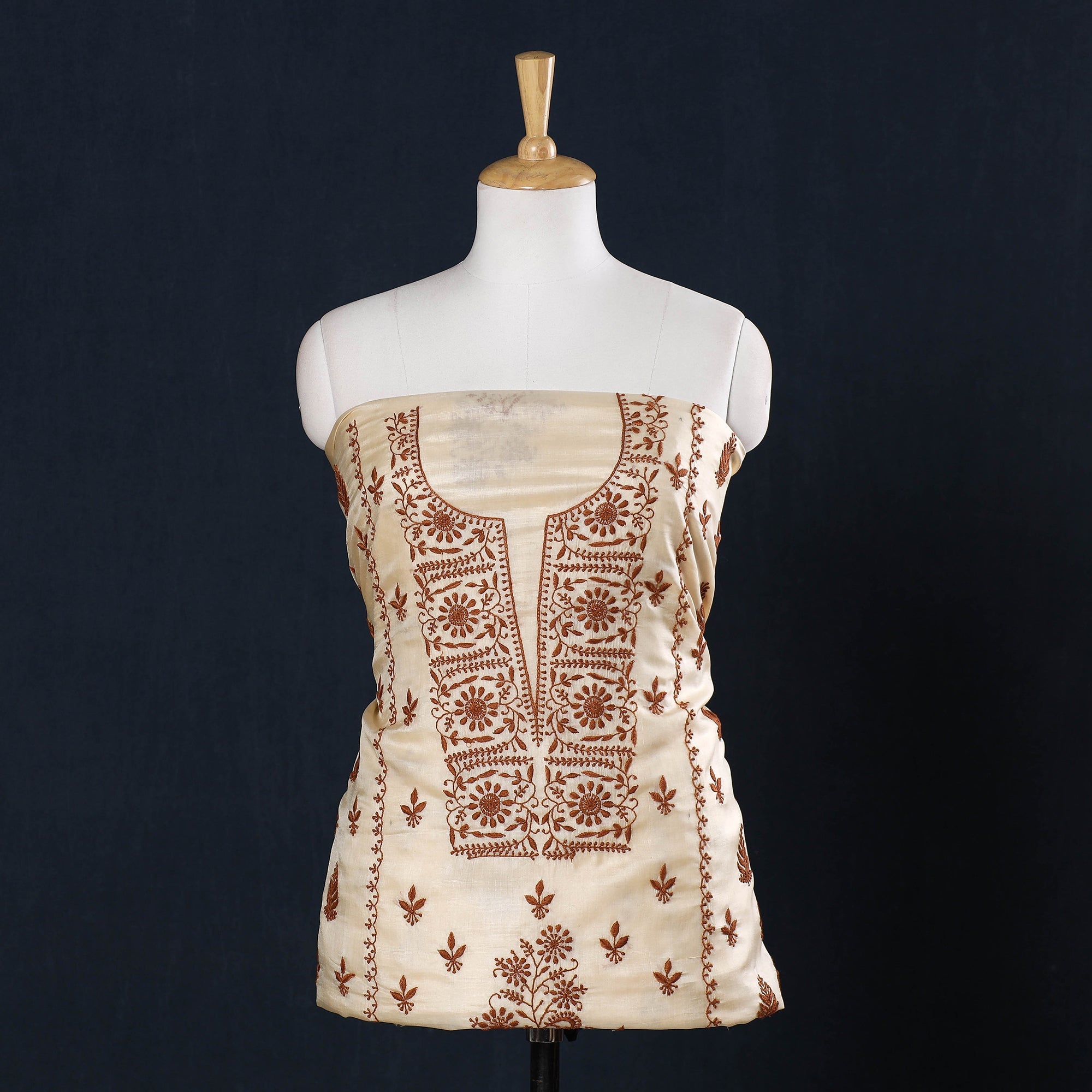 ITOKRI CRAFTS INITIATIVE Beige - Lucknow Chikankari Hand Embroidery Tussar Silk Handloom Kurta Material - 2.8 Meter