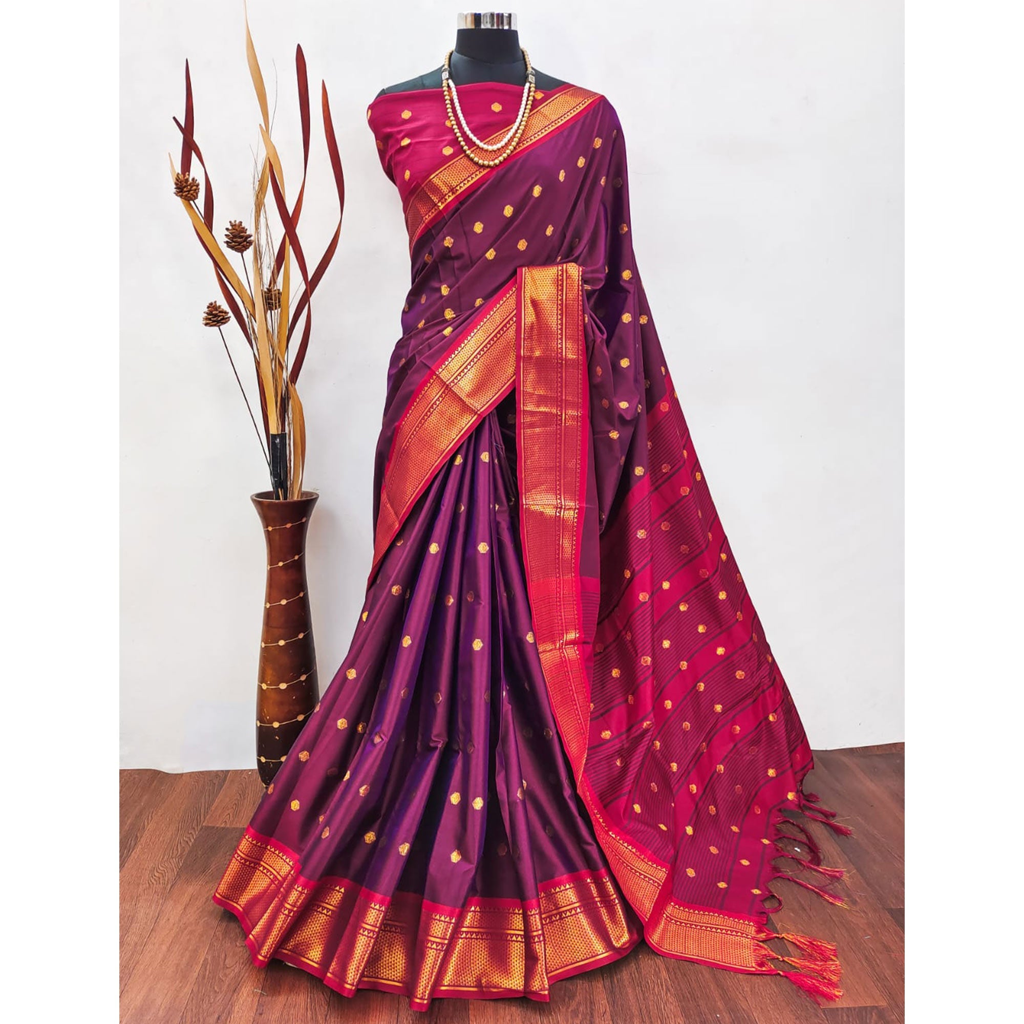 Peachmode Purple Zari Woven Lichi Art Silk Saree With Tassels - view 7