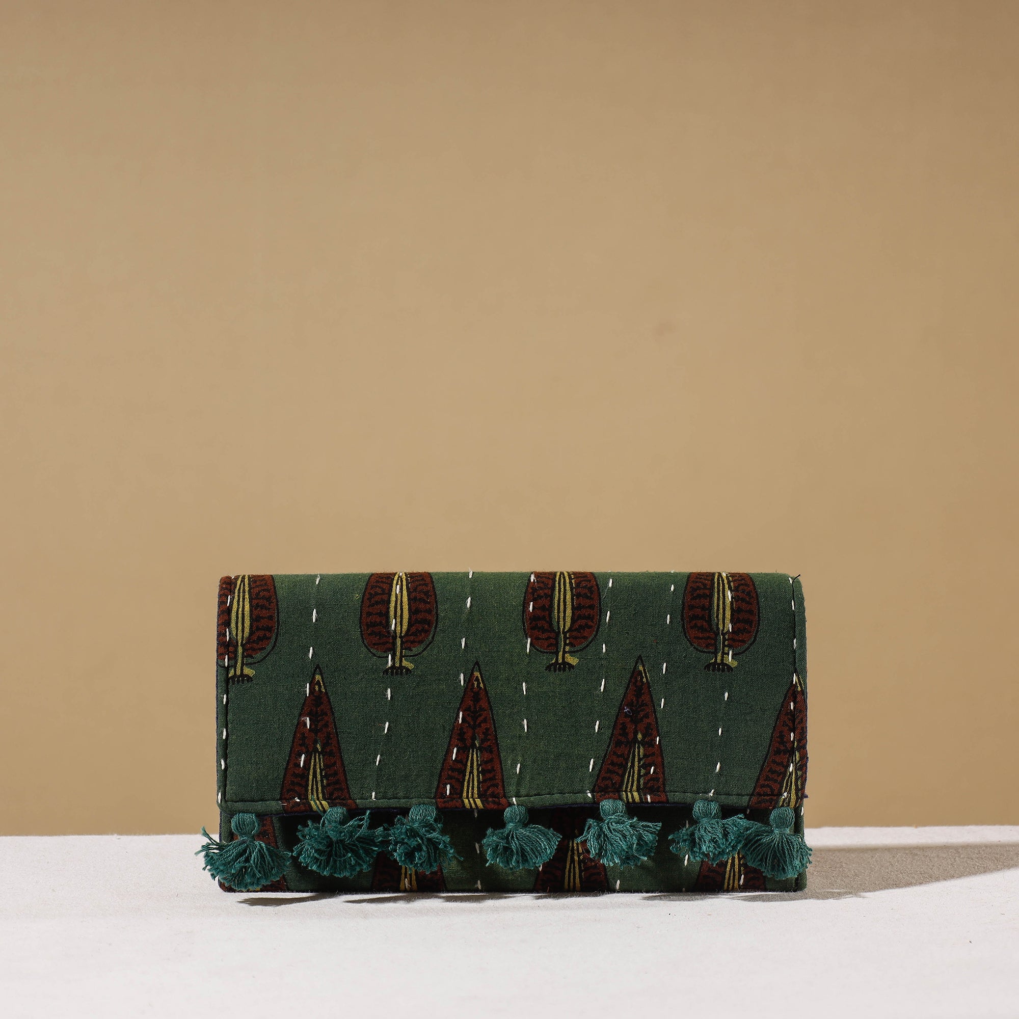 SHADES OF MARUDHARA Green - Marudhara Ajrakh Printed Clutch Wallet With Tassels