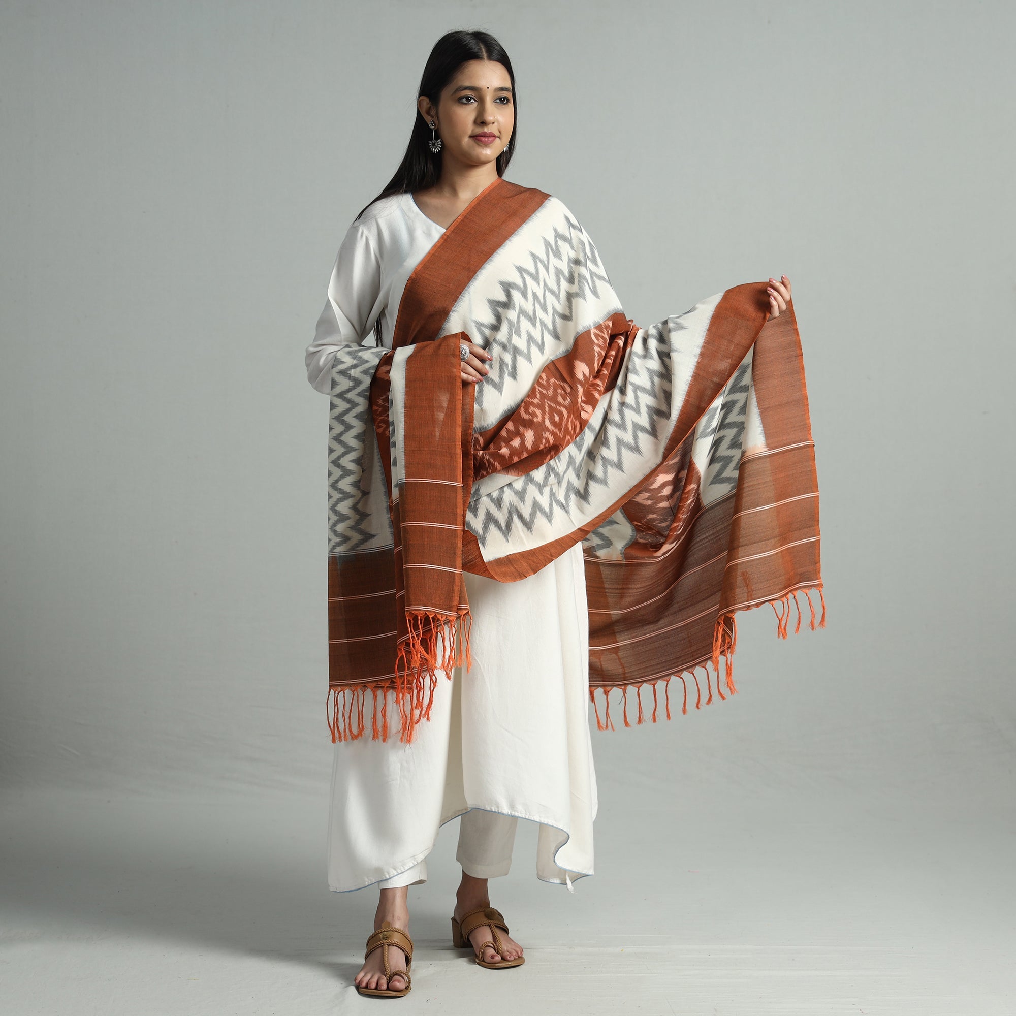 IKAT WEAVES BY EDEM CHANDANA Brown - Pochampally Ikat Handloom Cotton Dupatta with Tassels 17 - view 2