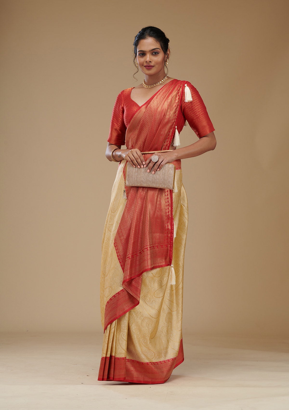 Koskii Beige Zariwork Art Silk Saree – Women's