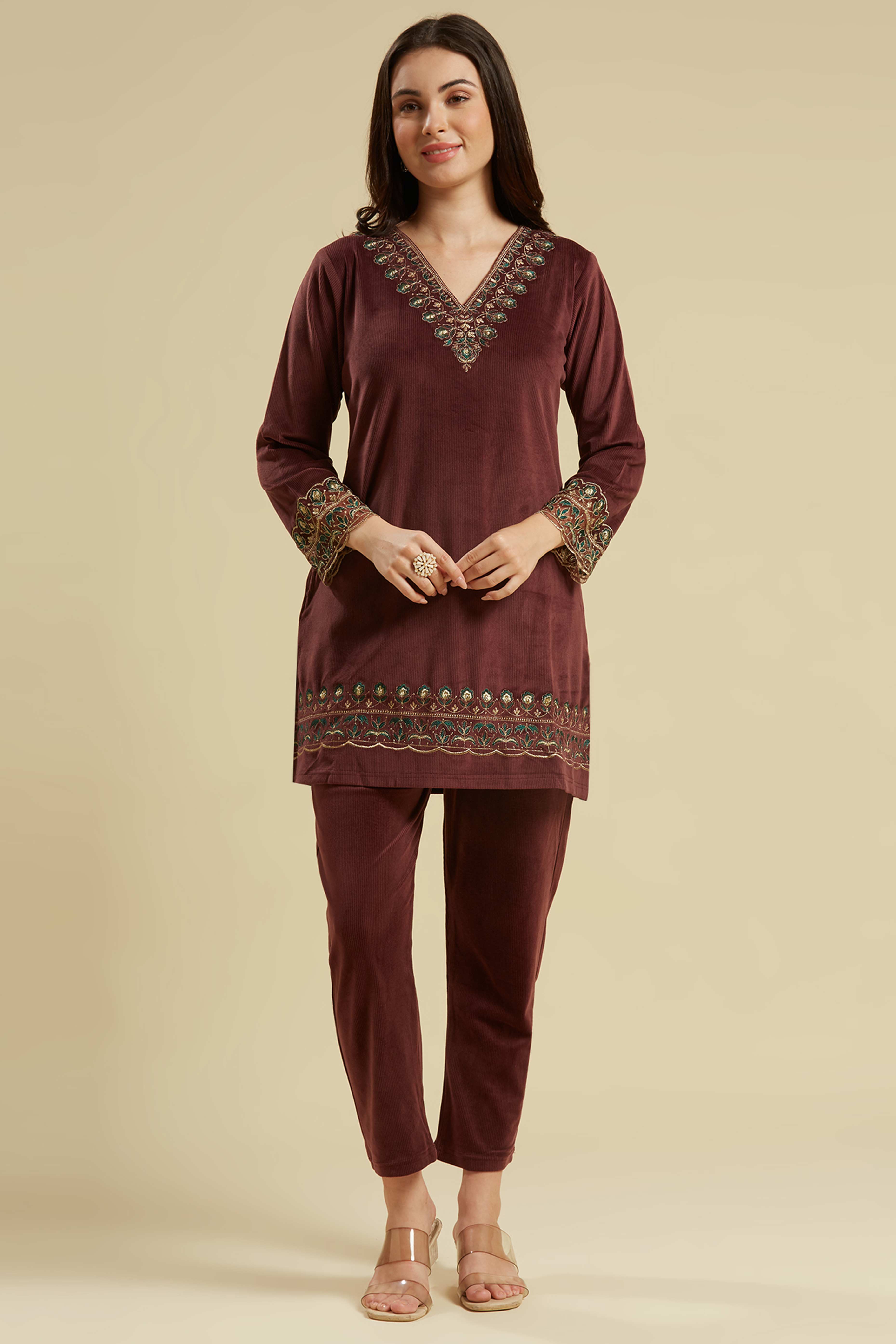 Peachmode Brown Embroidered Velvet A-Line Top Bottom Set - view 6