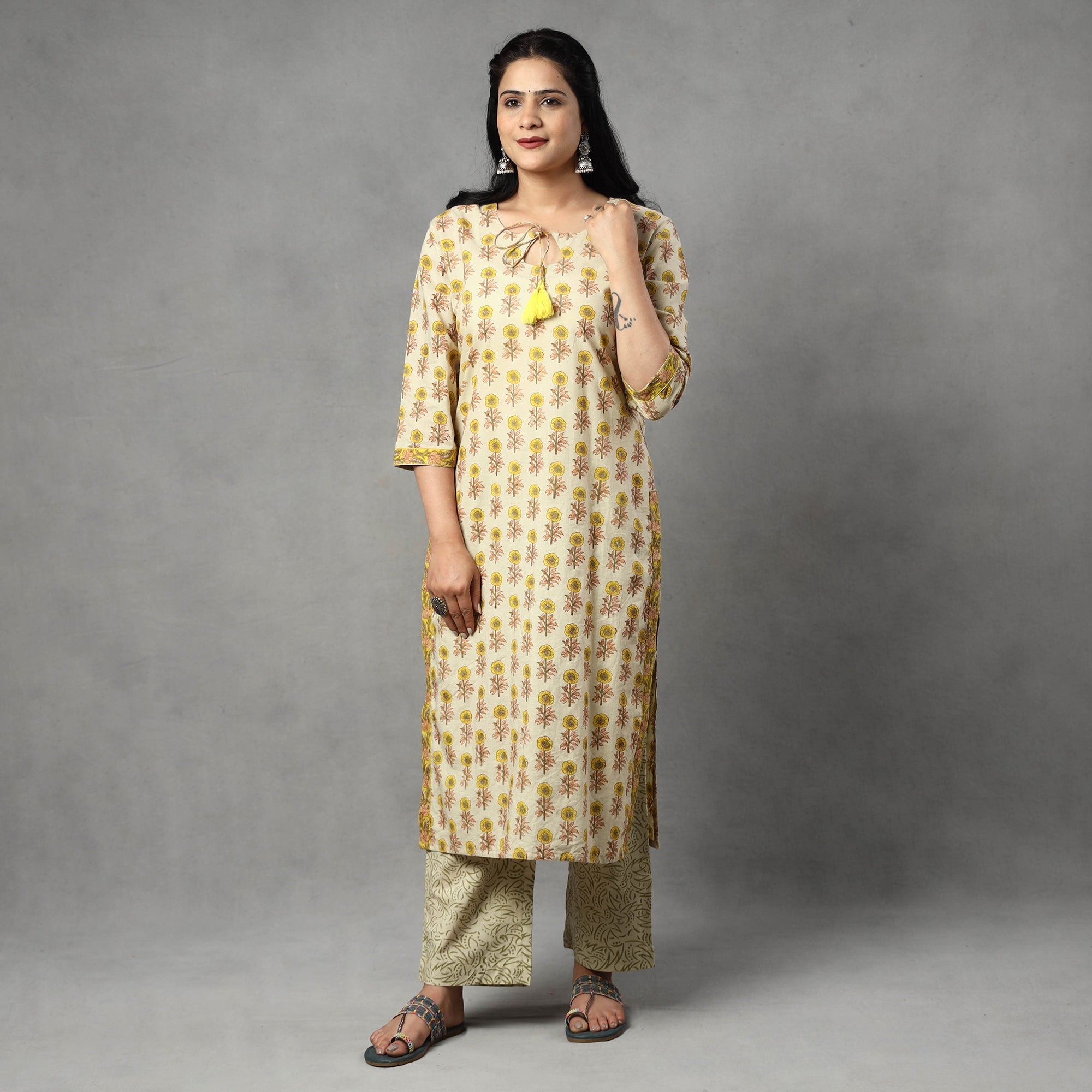 ITOKRI CASUALS Beige - Sanganeri Block Printing Cotton Kurta with Palazzo & Dupatta Set - view 4