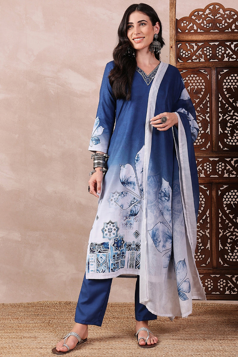 Ahika Blue Rayon Blend Abstract Printed Straight Trouser Bottom Suit Set PKSKD2550BLU
