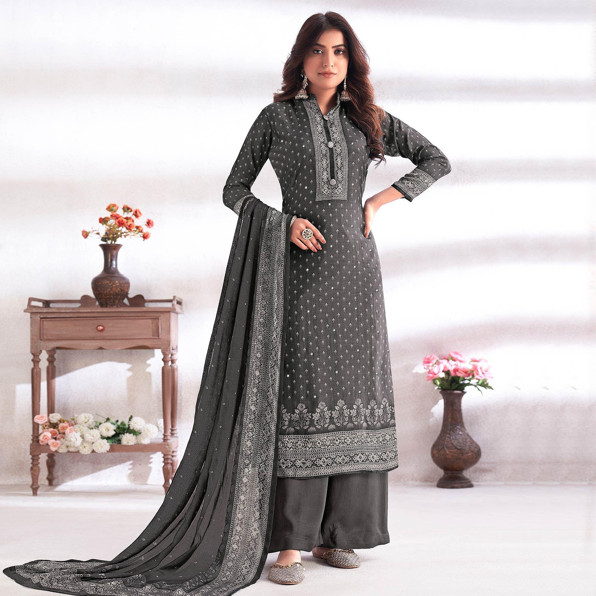BlackTree grey-digital-printed-hand-work-cotton-silk-suit - view 2