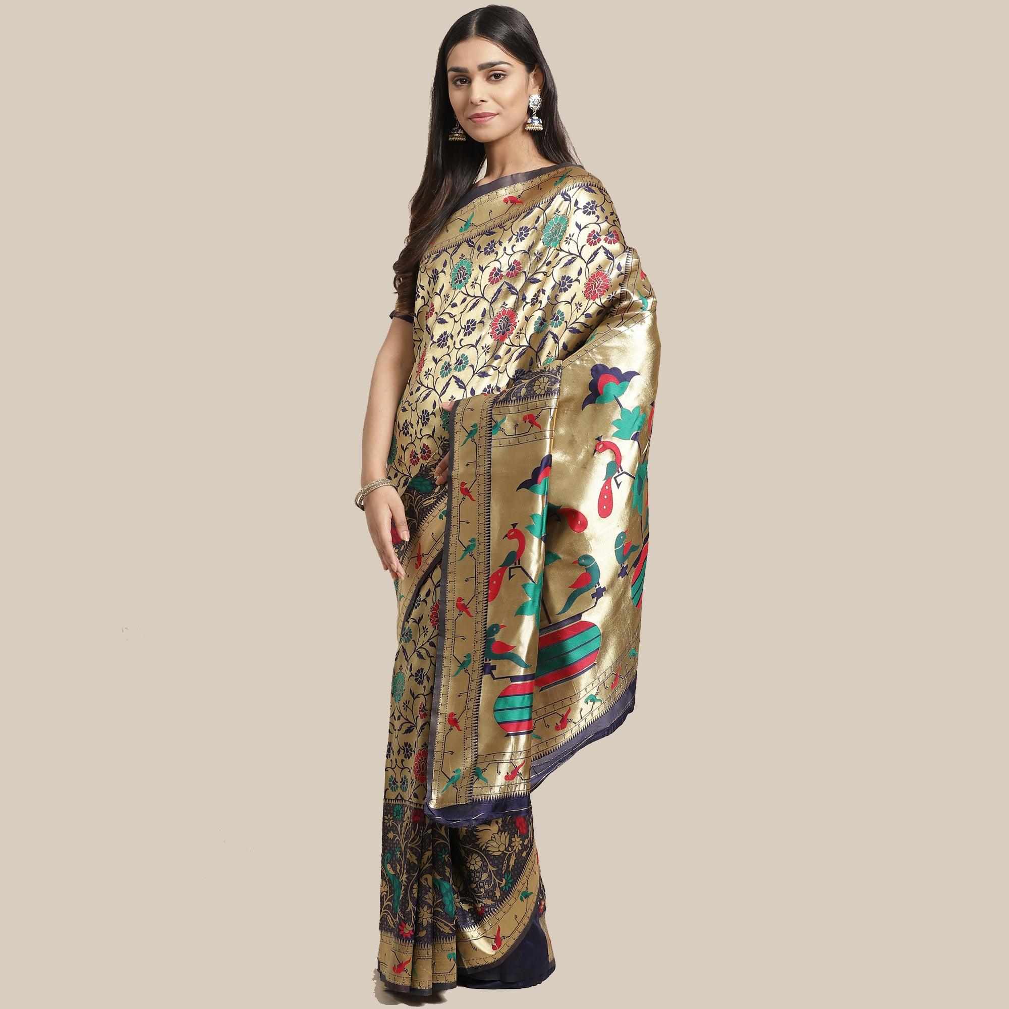 Peachmode Ethnic Gold-Navy Blue Colored Festive Wear Woven Silk Blend Saree