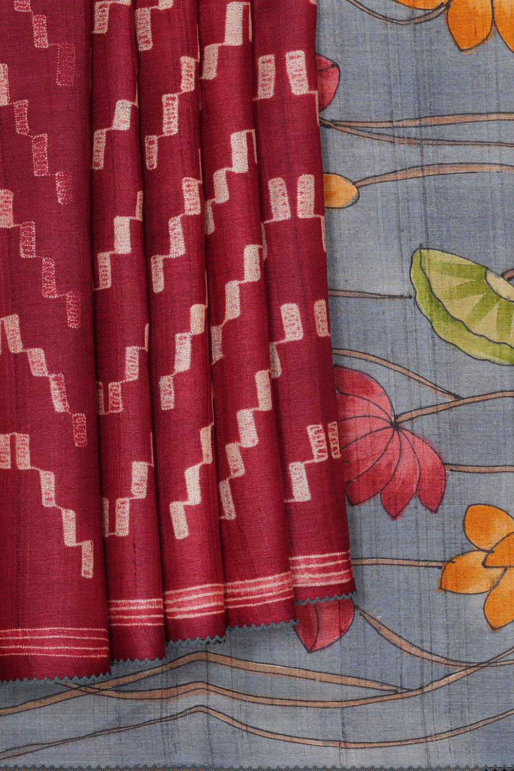 Kalanjali Dark Red Tussar Silk Saree – Women's