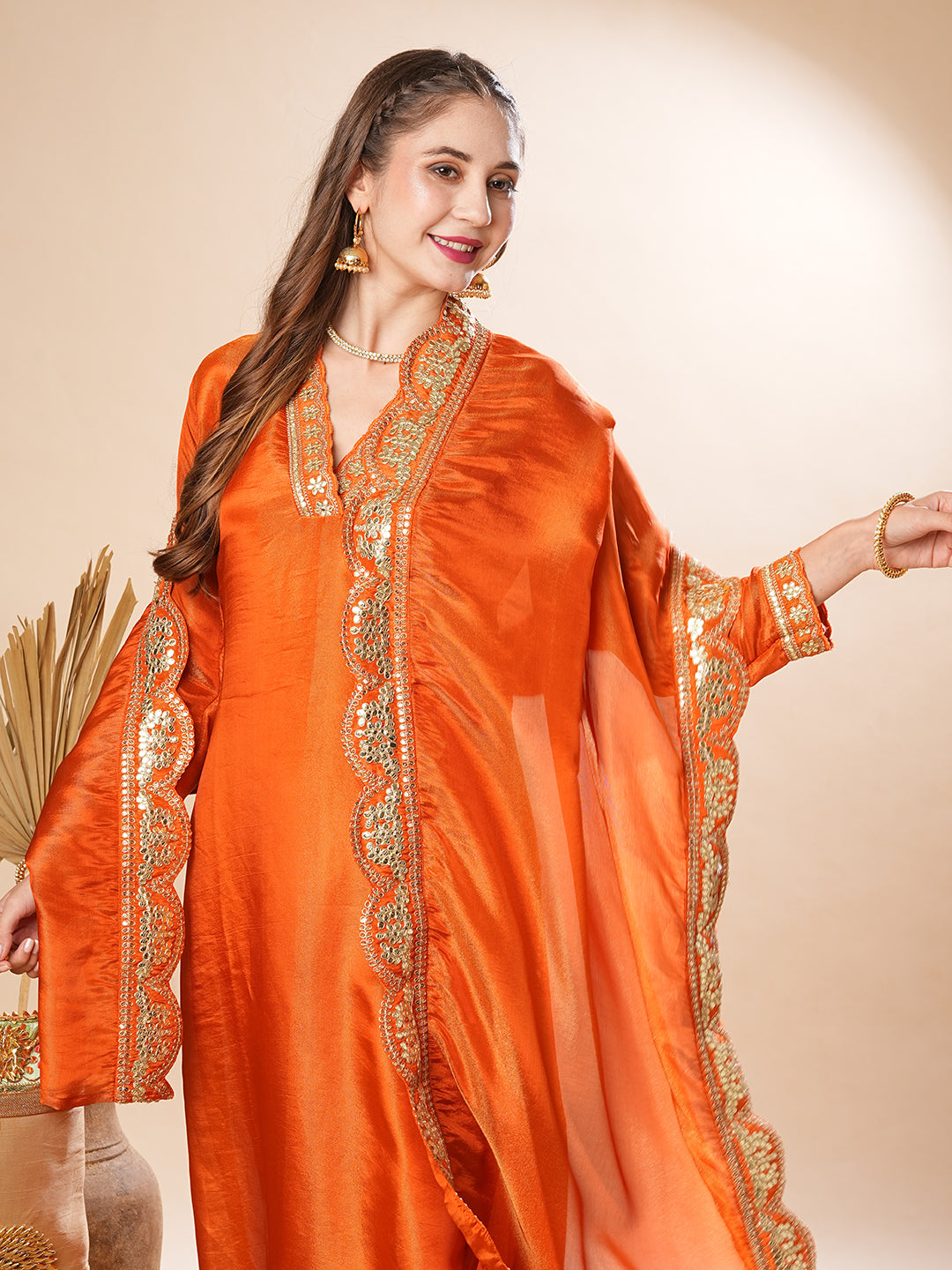 Fashor Solid Gotapatti & Zari Embroidered Shimmer Kurta with Pants & Dupatta - Orange