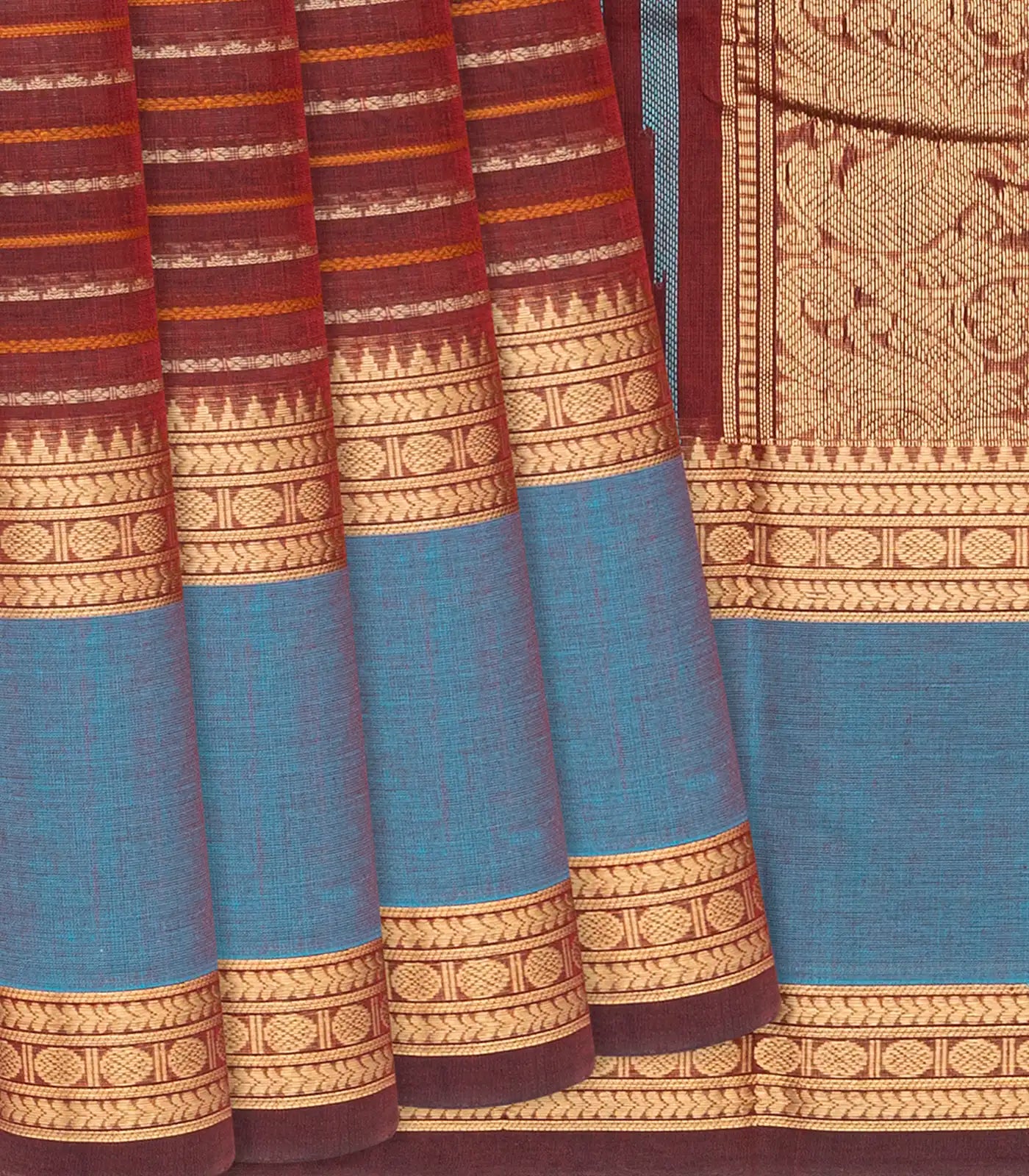 RmKV Maroon Handloom Kanchi Cotton Saree With Beldari Stripes-Maroon