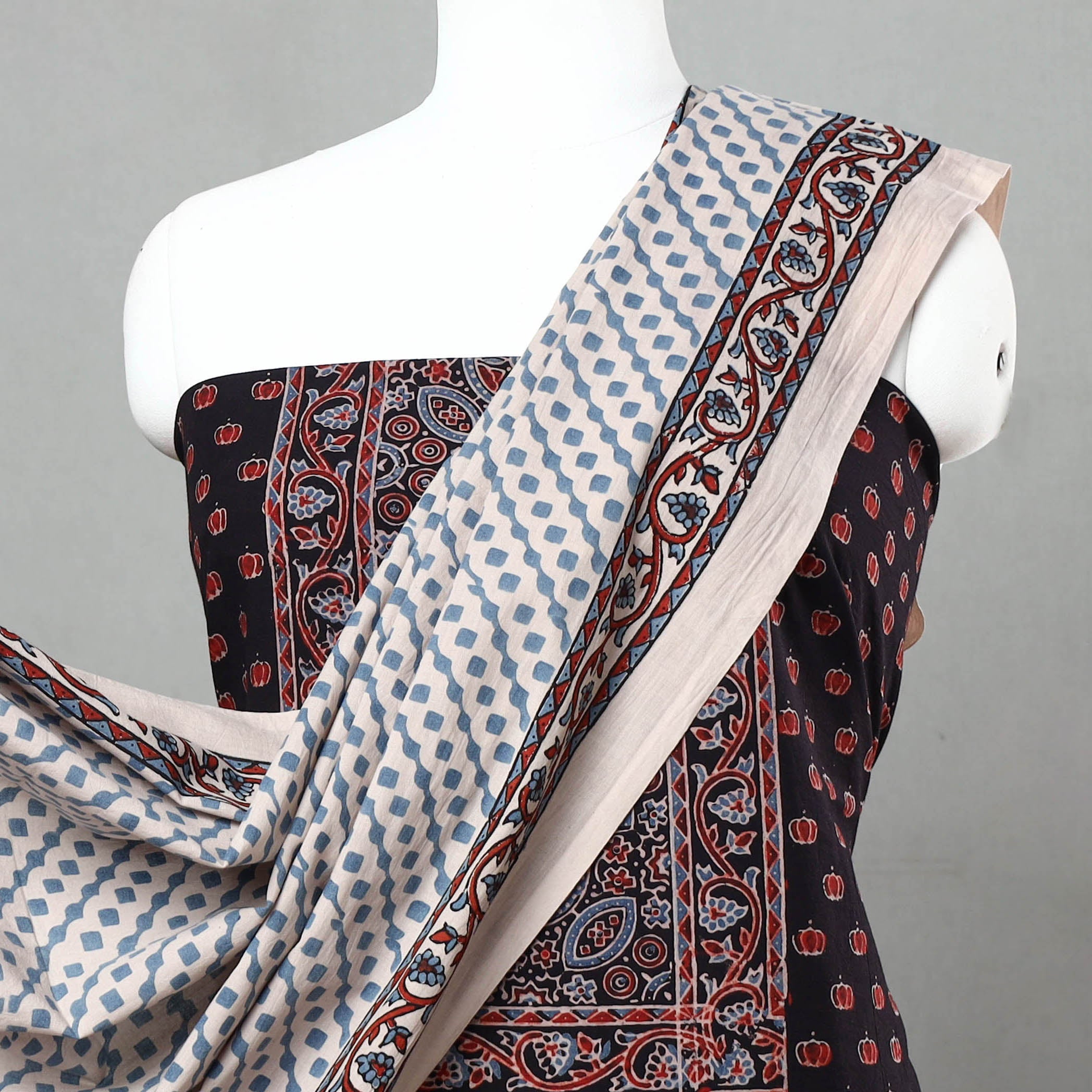 AJRAKH BY JABBAR KHATRI Black - 3pc Ajrakh Block Printed Natural Dyed Cotton Suit Material Set 07 - view 3