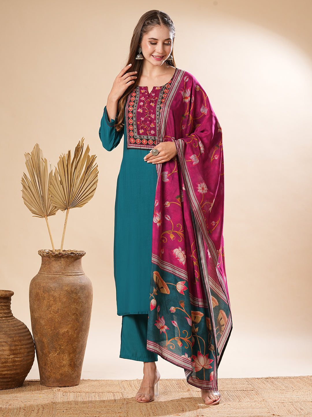 Fashor Solid Mirror Embellished Kurta with Pants & Floral Dupatta - Teal