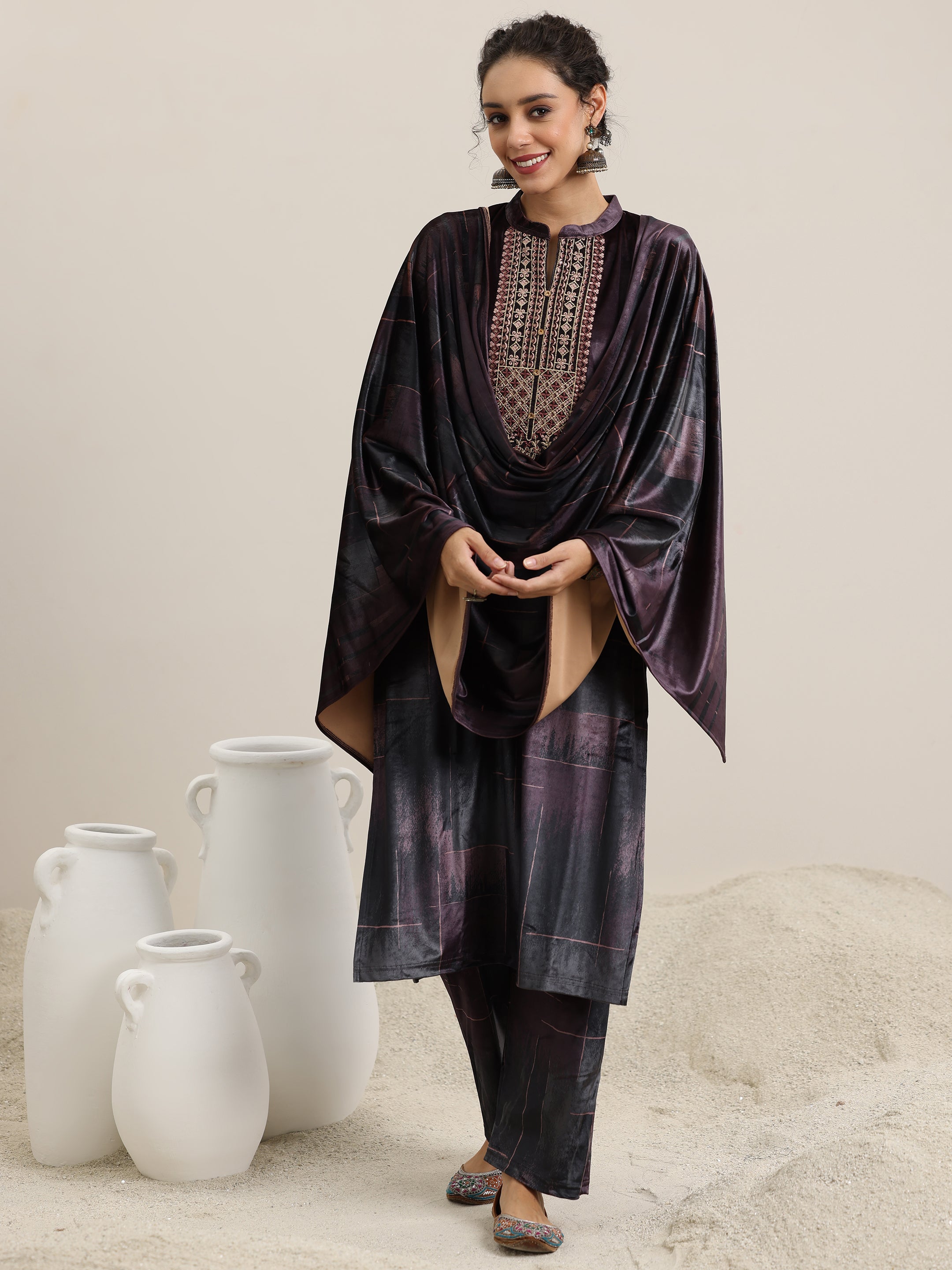 Libas Brown Printed Velvet Straight Suit With Dupatta