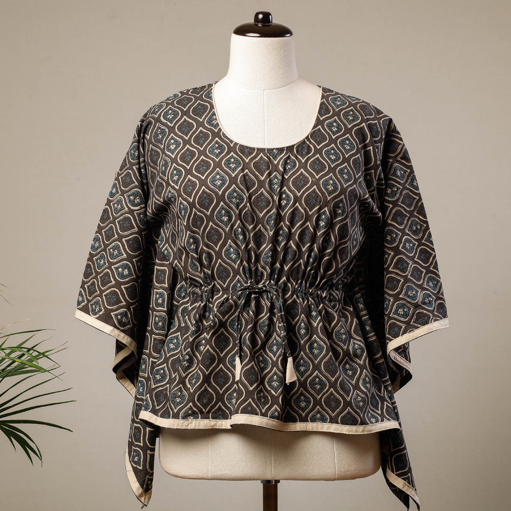KACHCHH JI CHHAAP Brown - Ajrakh Hand Block Printed Cotton Kaftan with Tie-Up Waist (Short)