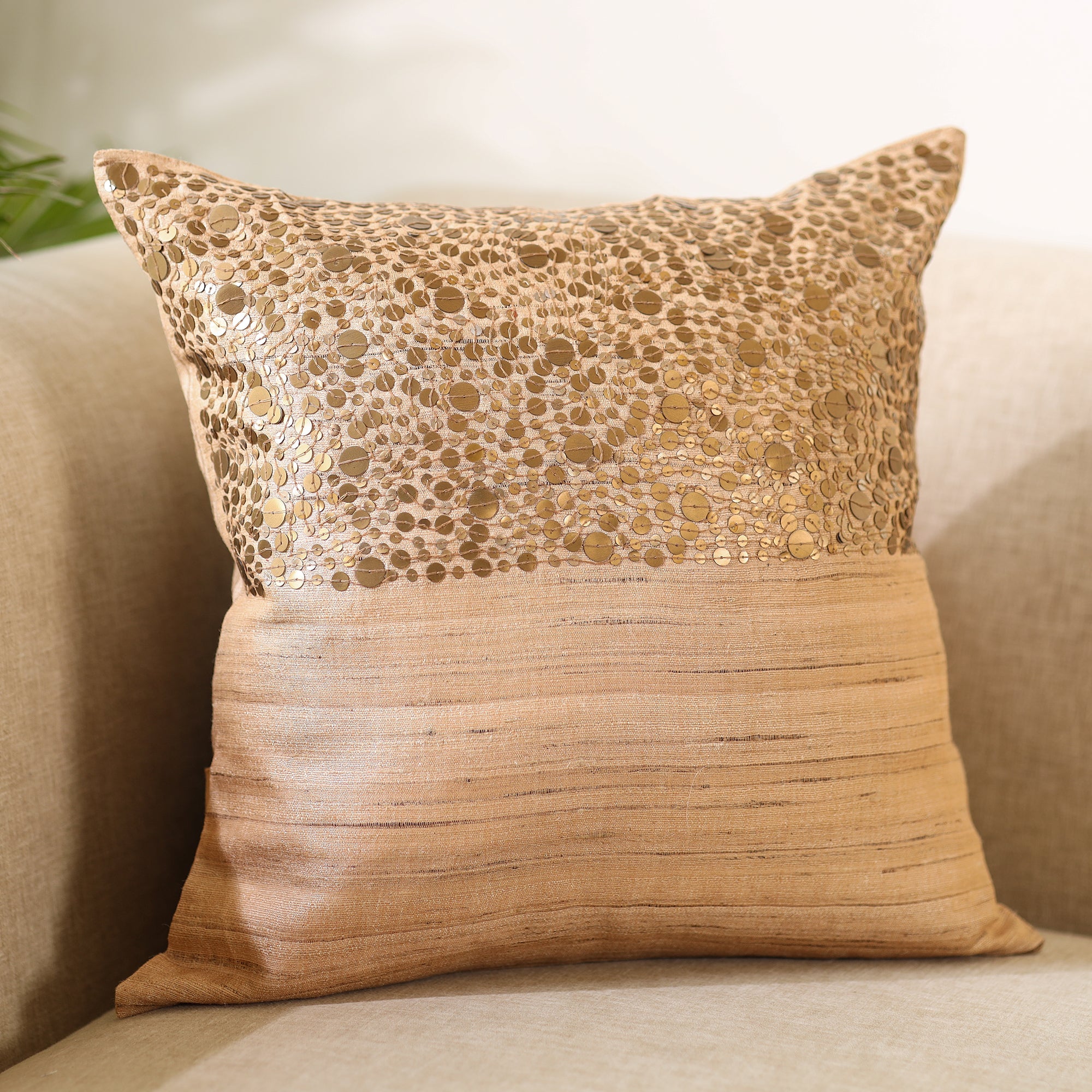 CHHATTISGARH HASTSHILP VIKAS BOARD Brown - Aari Embroidery Sequin Work Mercerised Ghicha Silk Cushion Cover (16 x 16 in) - view 2