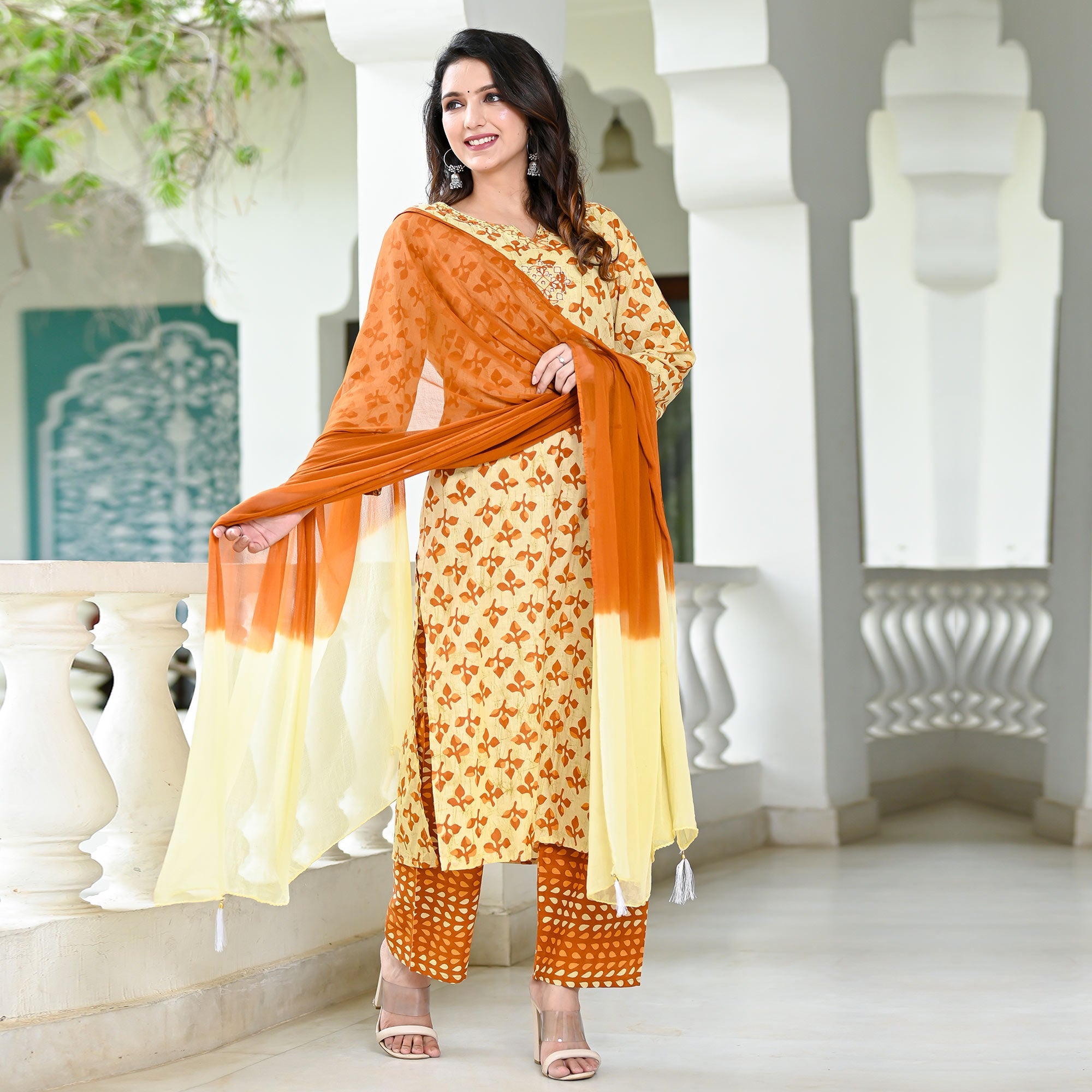 Peachmode Cream Brown Floral Printed Pure Cotton Suit - view 2