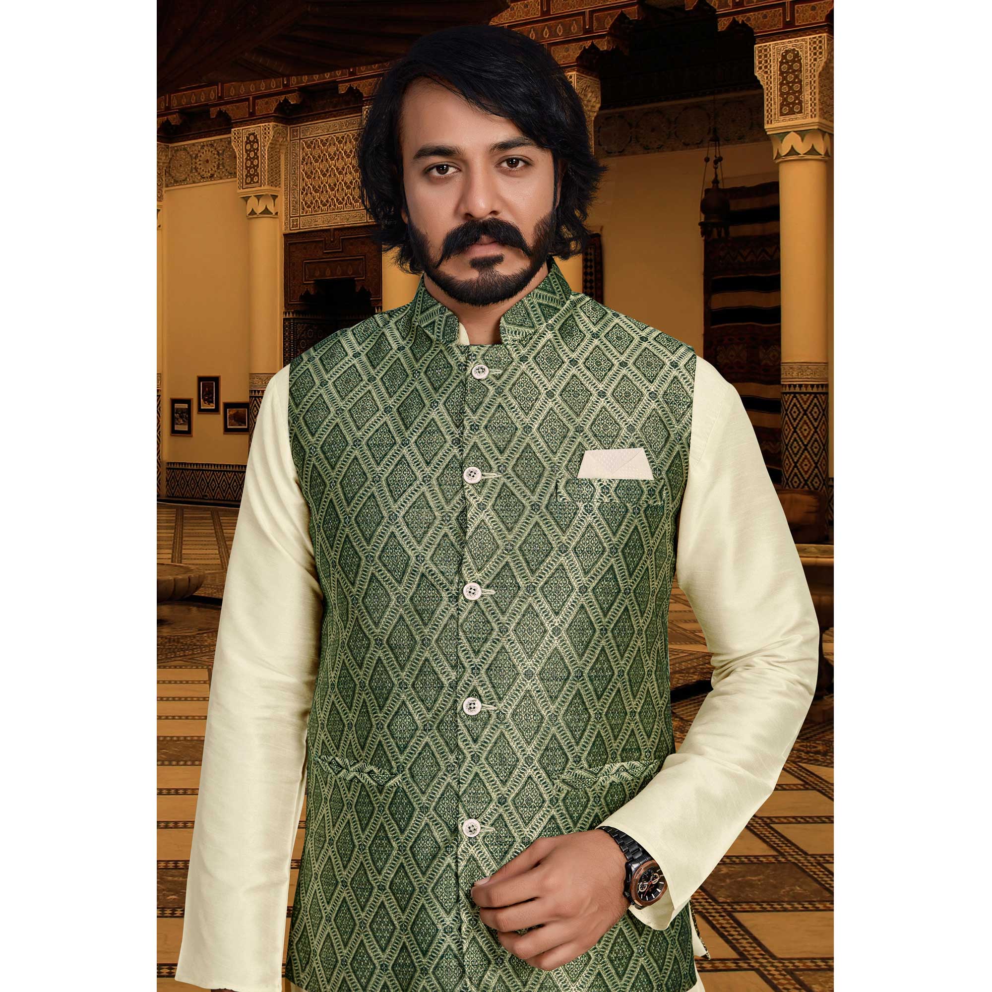 Peachmode Seller Cream Green Woven Art Silk Kurta Pyjama Set With Jacket - view 4