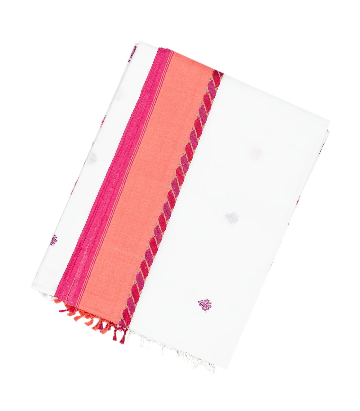 RmKV White Handloom Bengal Cotton Saree With Contrast Pink Border