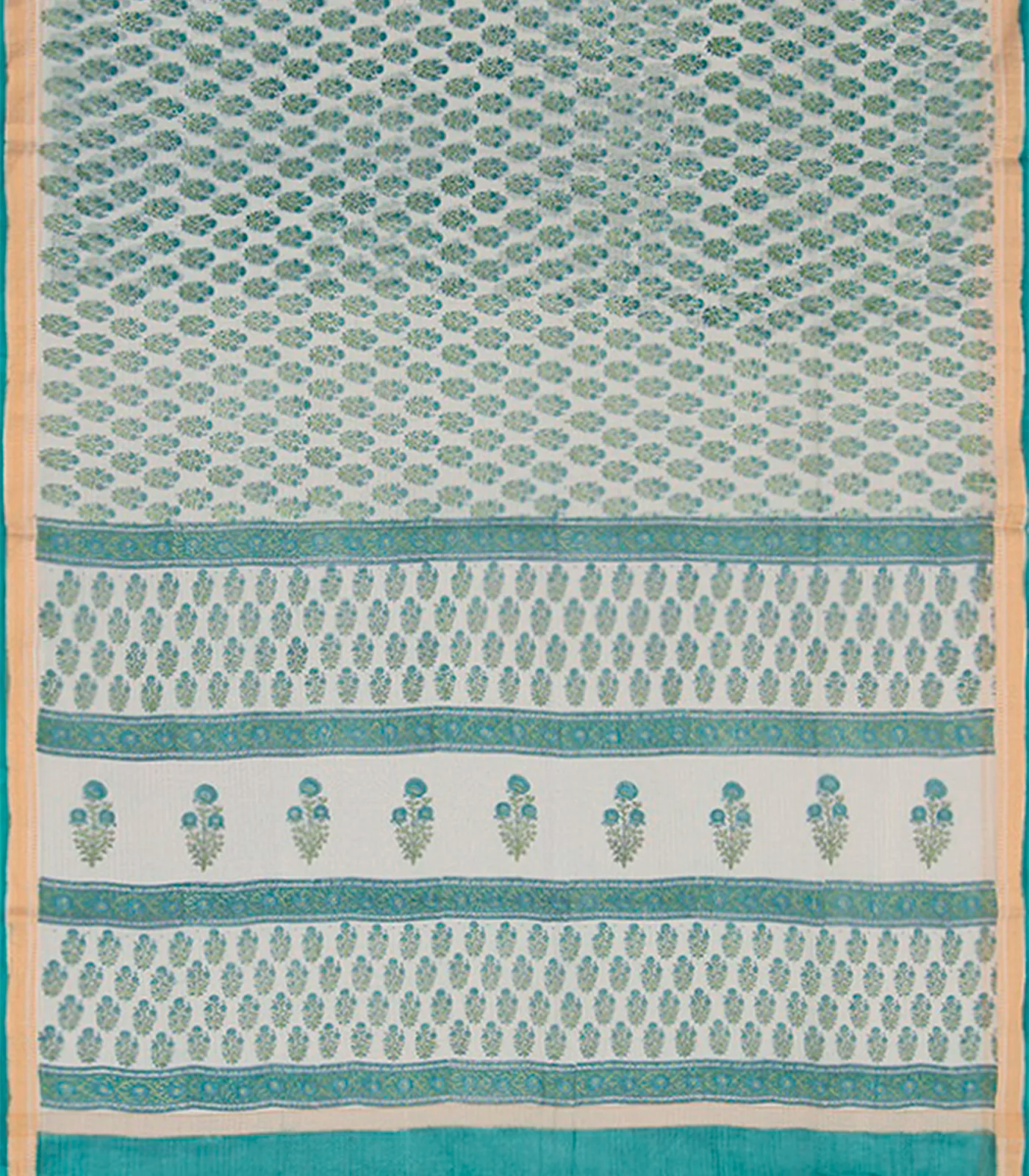 RmKV Off White Handwoven Chanderi Cotton Saree With Moghul Flower Motifs Printed in Turquoise -Off White - view 2