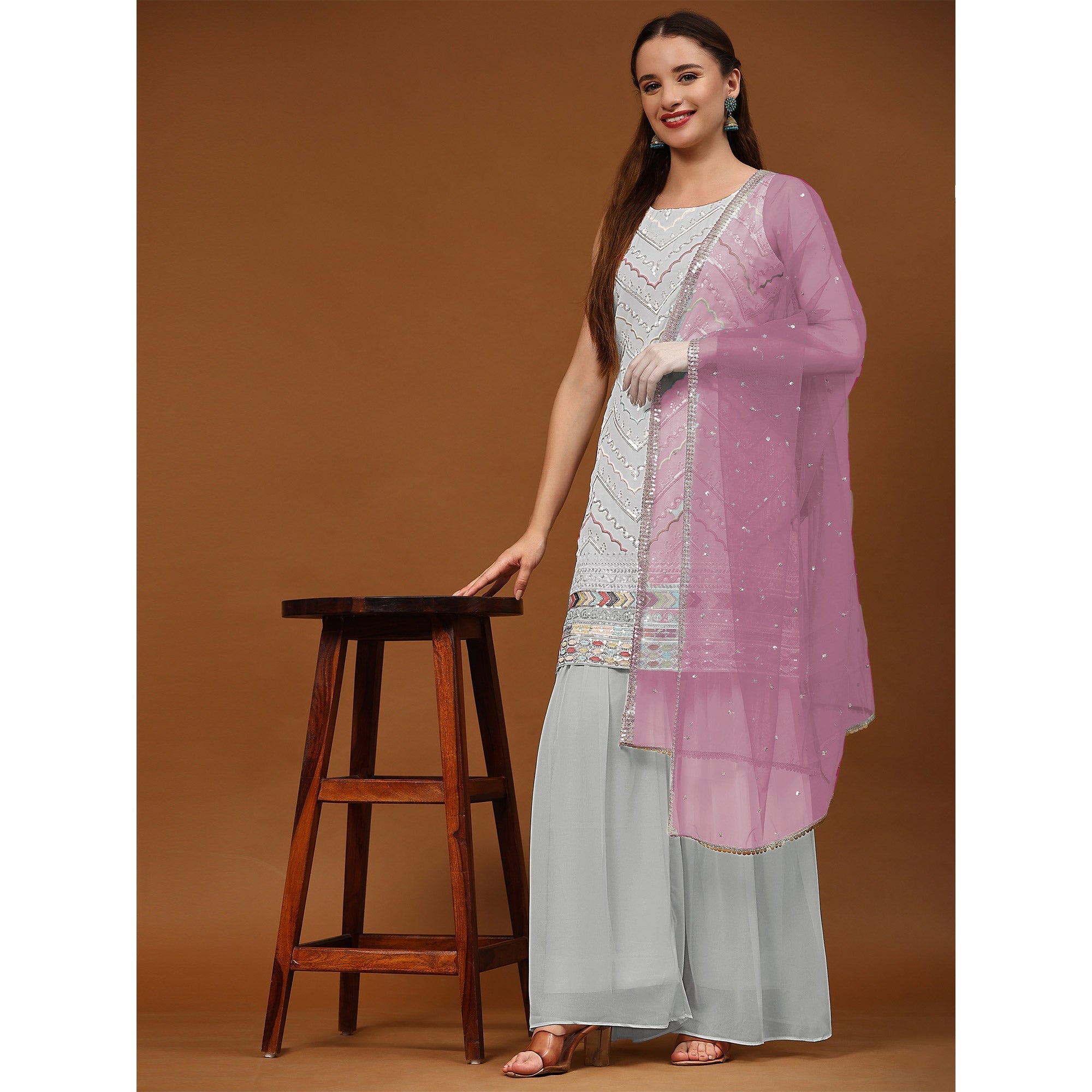 Peachmode Grey Sequins Embroidered Georgette Semi Stitched Suit - view 7