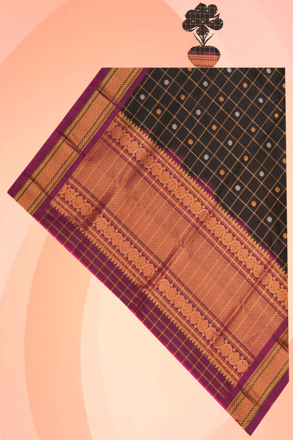 Kalanjali Gadwal Silk Kattam Black Dupatta