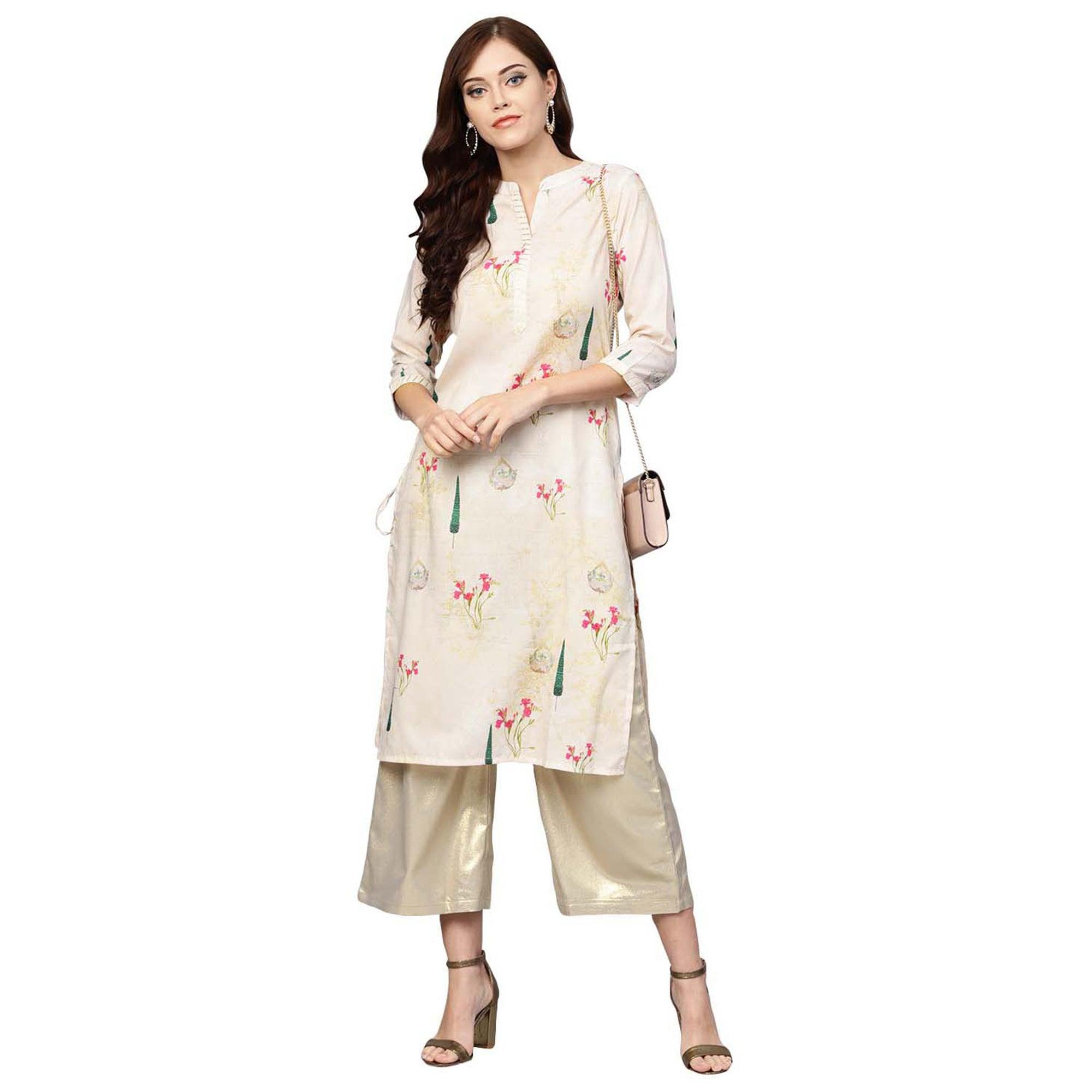 Peachmode Hypnotic Off White Colored Casual Wear Printed Muslin Cotton Kurti - view 2