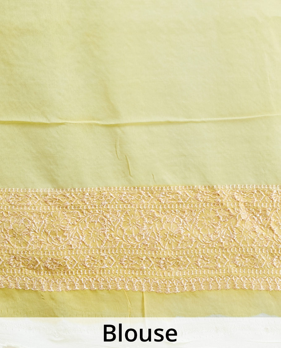 Pothys Yellow rangkat style banaras georgette saree with contrast floral zari border - view 4