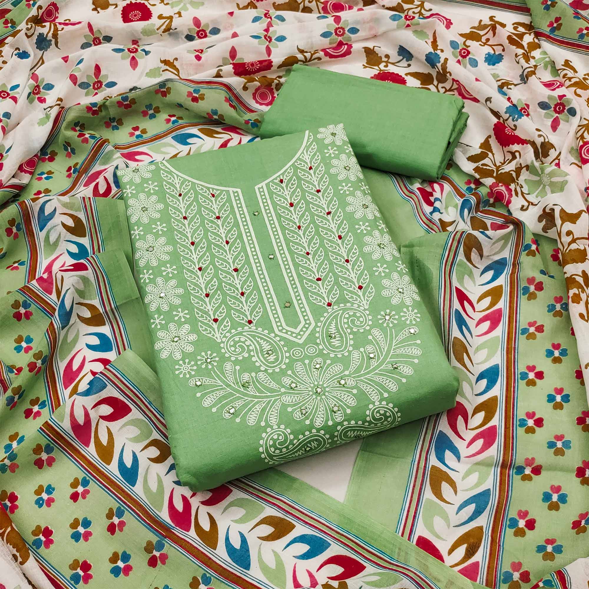 Green decor – BlackTree green-printed-mirror-work-pure-cotton-dress-material