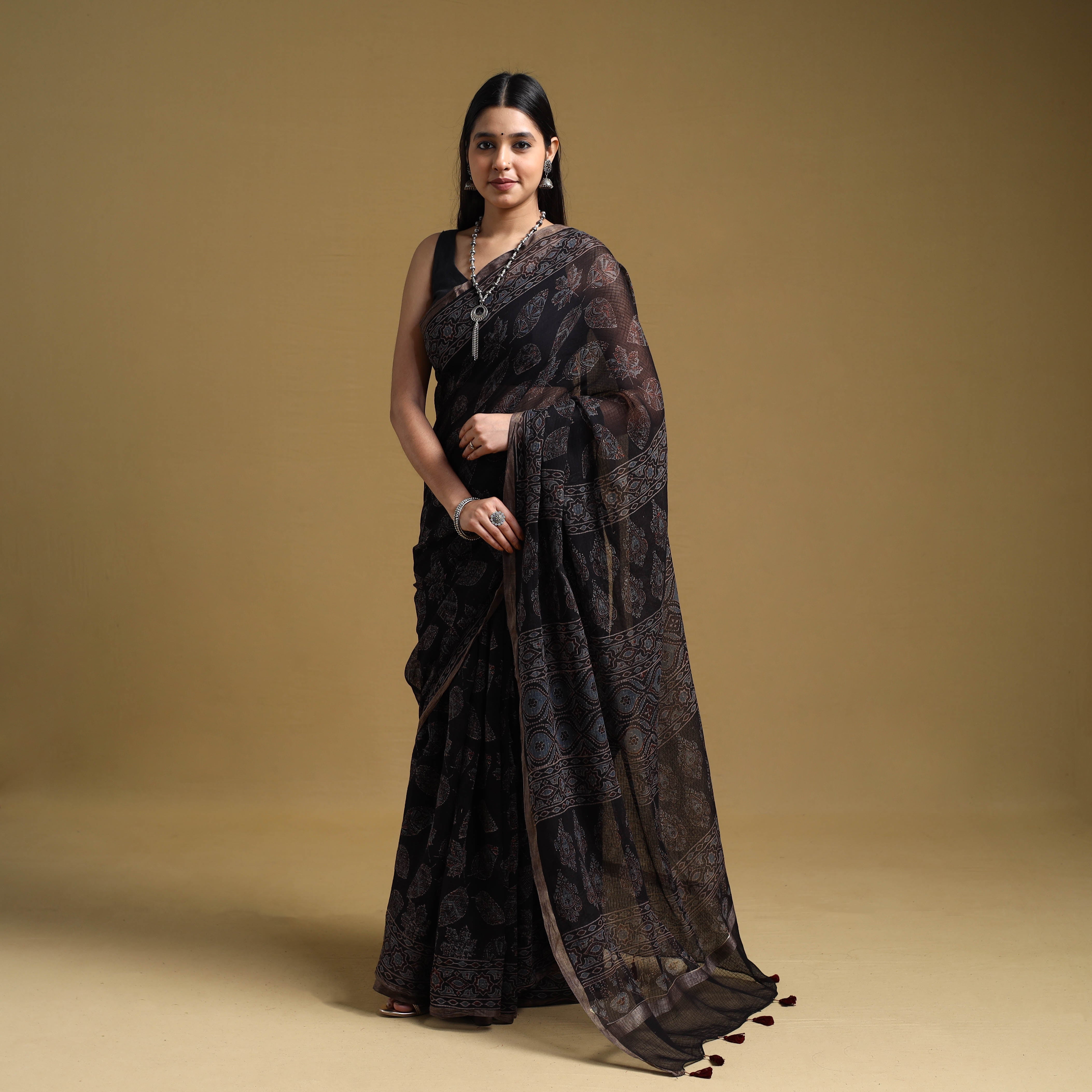 KACHCHH JI CHHAAP Black - Natural Dyed Block Print Kota Doria Cotton Ajrakh Saree 16