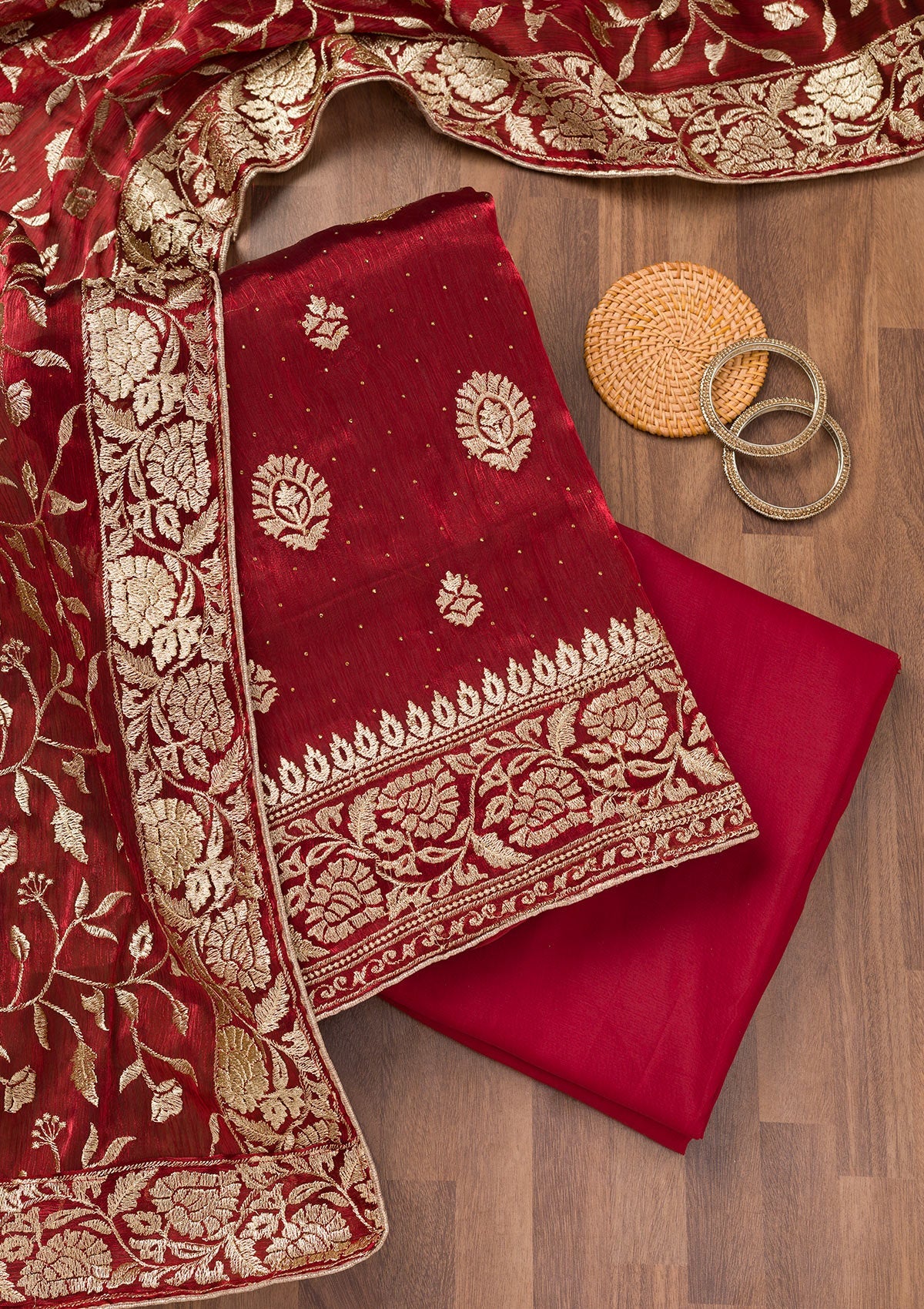 Koskii Maroon Zariwork Semi Crepe Unstitched Salwar Suit